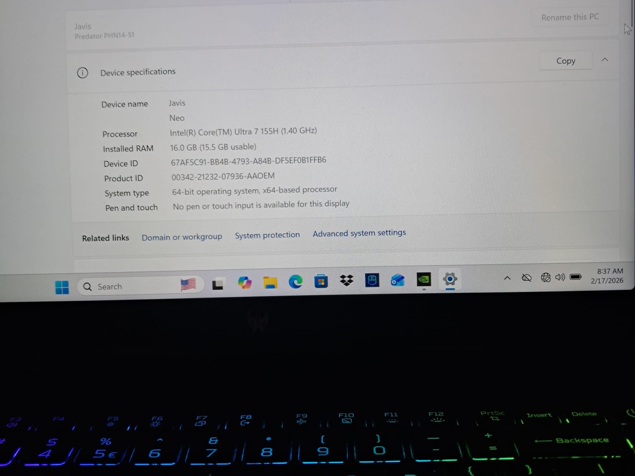 Acer Predator Neo 14 Rtx 4070 8GB Intel Ultra 7 155H 1TB 16GB Ram