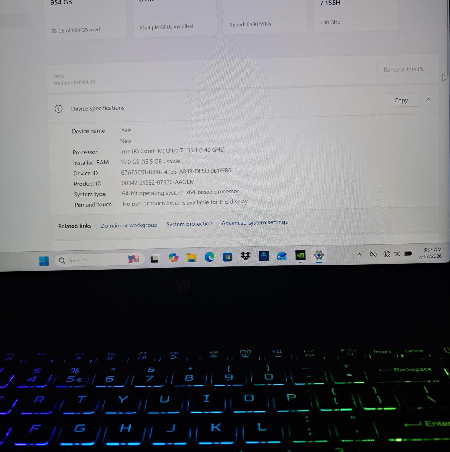 Acer Predator Neo 14 Rtx 4070 8GB Intel Ultra 7 155H 1TB 16GB Ram