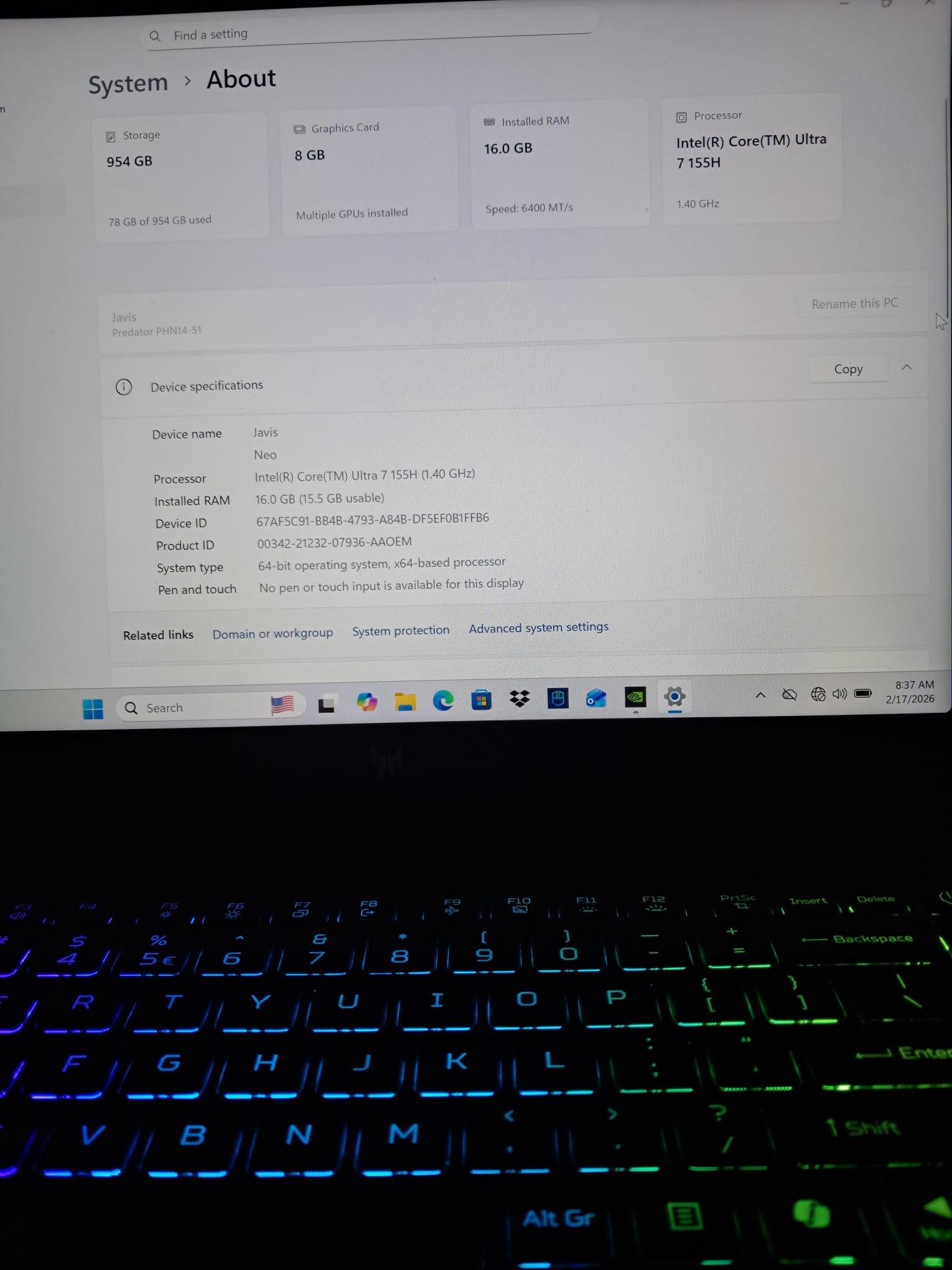 Acer Predator Neo 14 Rtx 4070 8GB Intel Ultra 7 155H 1TB 16GB Ram