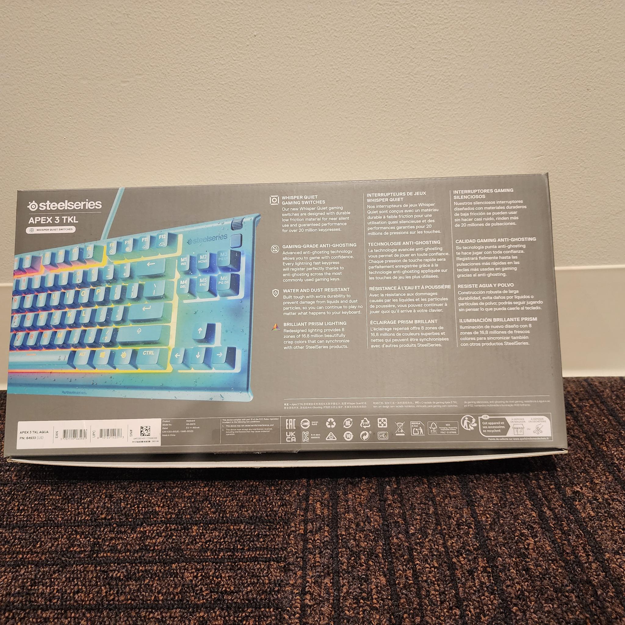 SteelSeries Gaming Keyboard, Tenkeyless, Wired, Apex 3 TKL Aqua
