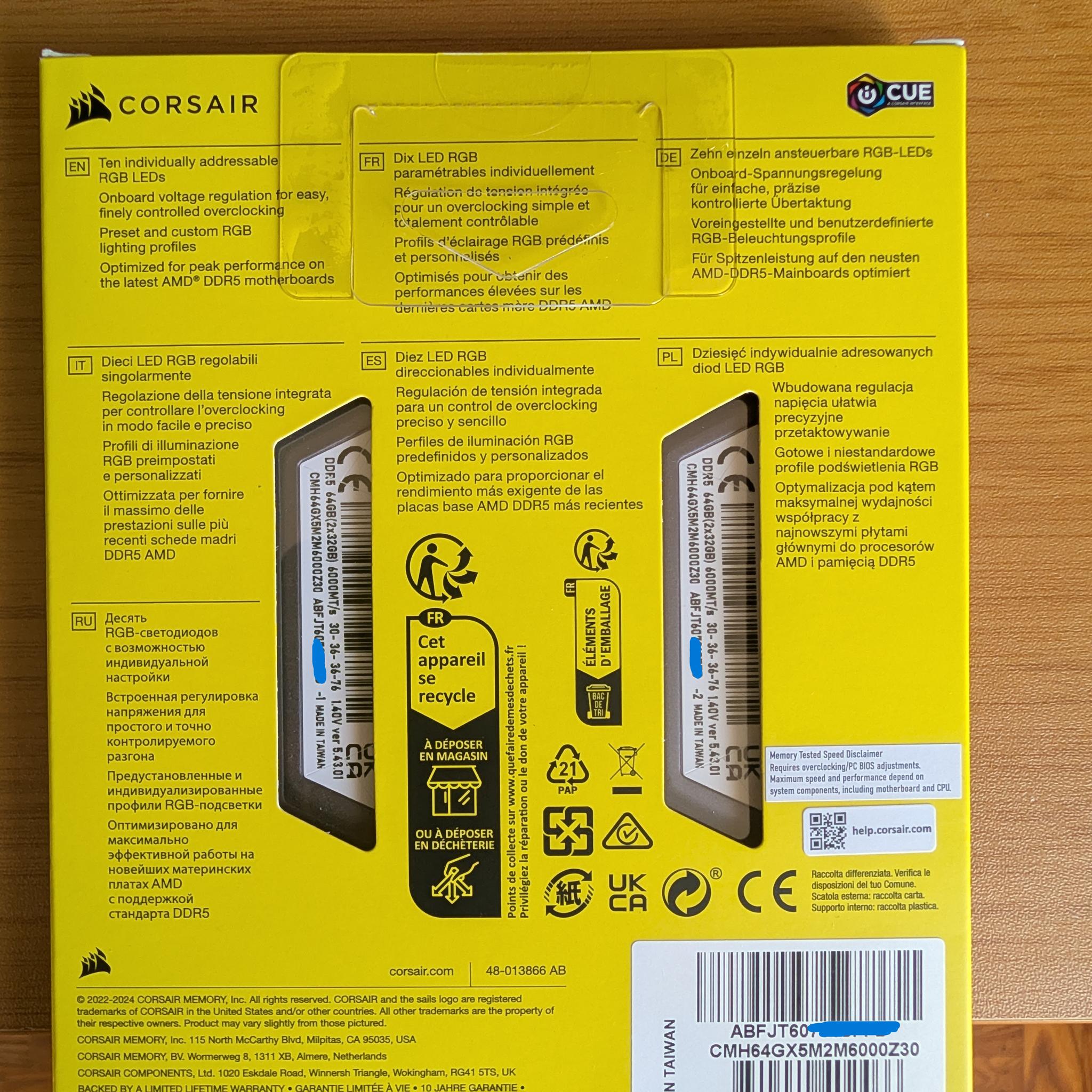 CORSAIR VENGEANCE RGB DDR5 64GB (2x32GB) 6000MT/s CL30 -NEW OPEN BOX