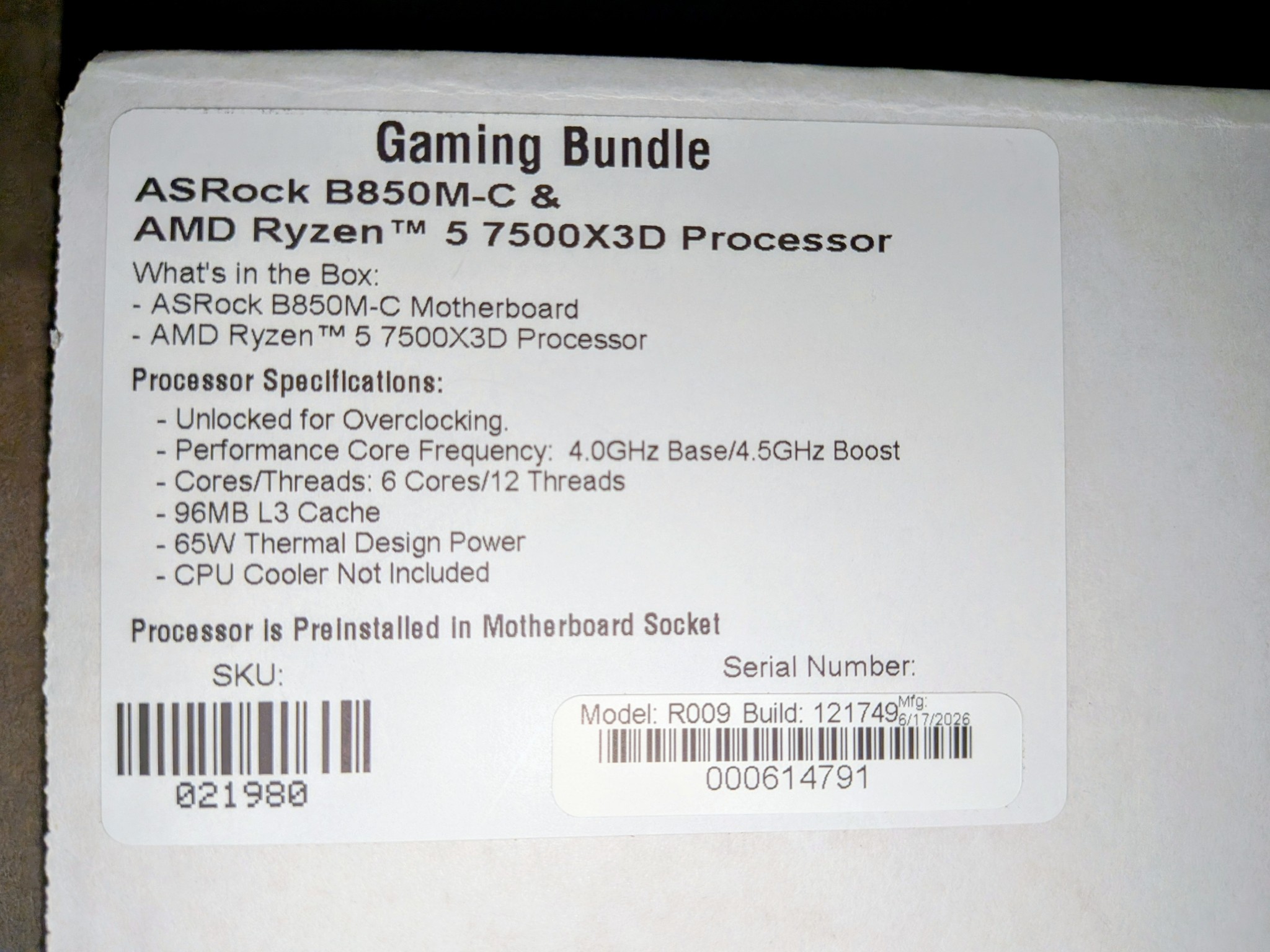 AMD Ryzen 5 7500X3D + AsRock B850M-C Bundle