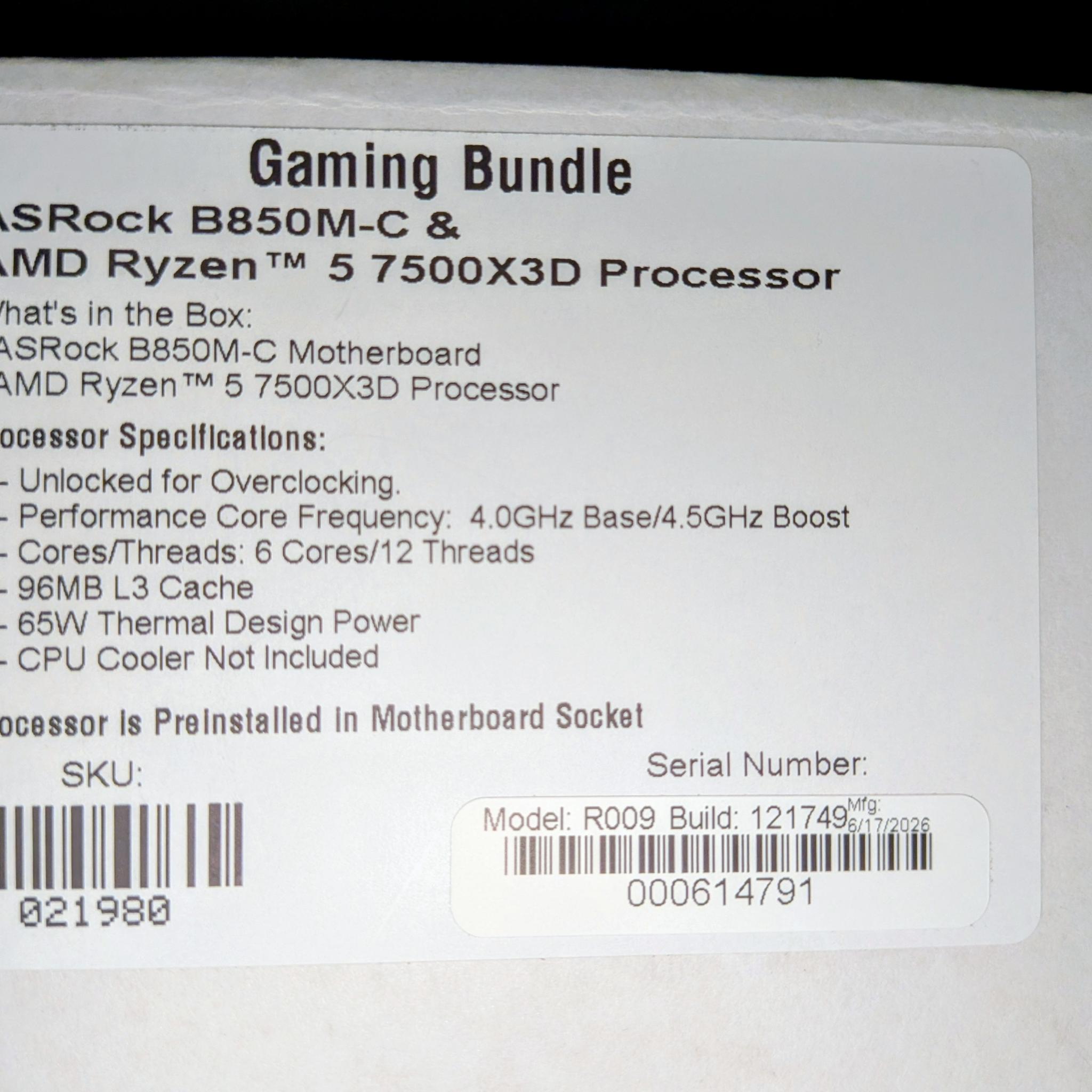 AMD Ryzen 5 7500X3D + AsRock B850M-C Bundle