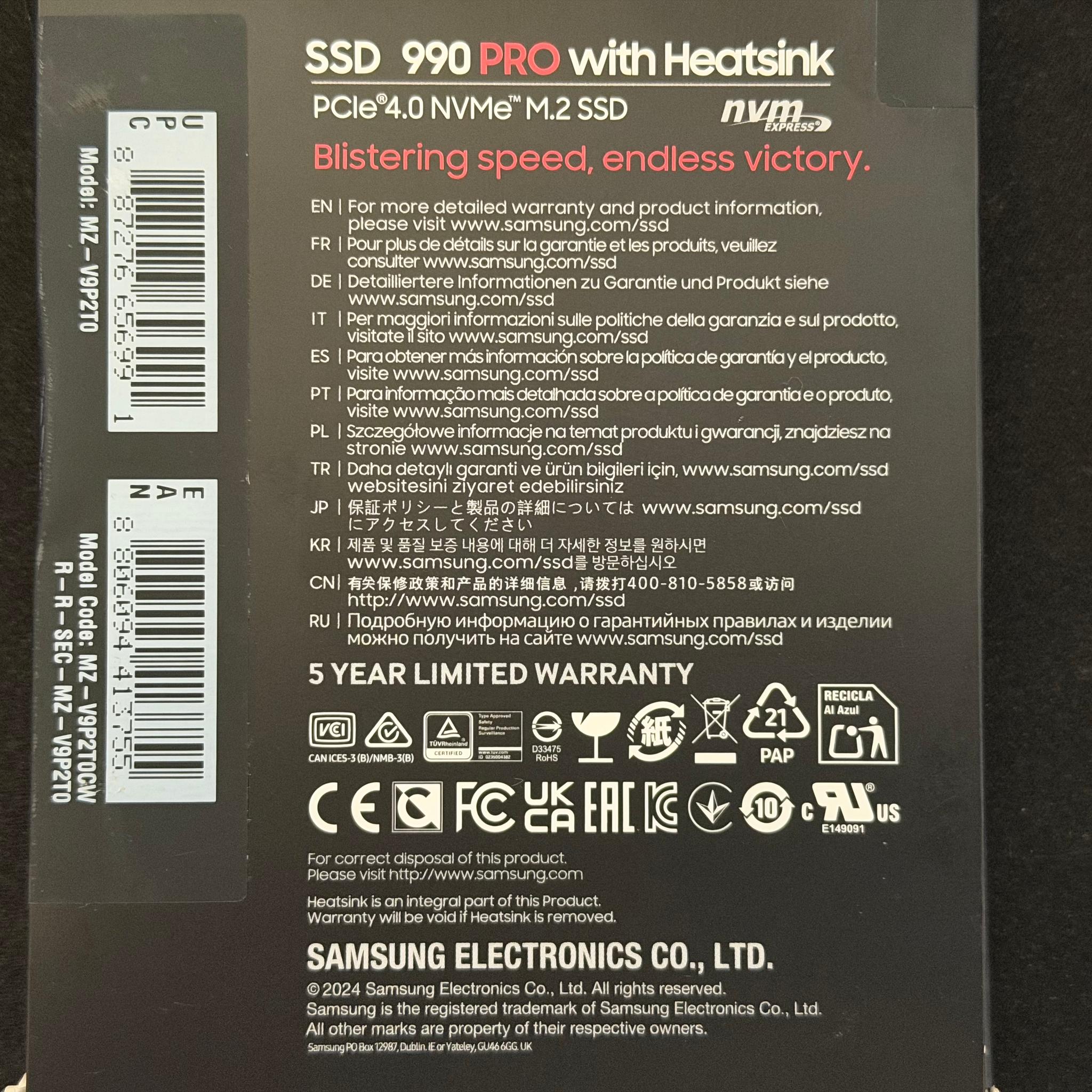 Samsung 990 PRO 2TB with Heatsink – Sealed Retail Box