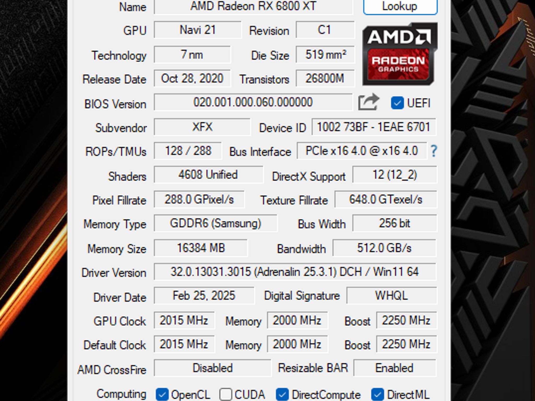XFX Speedster MERC 319 AMD Radeon RX 6800 XT CORE Gaming 16GB GDDR6