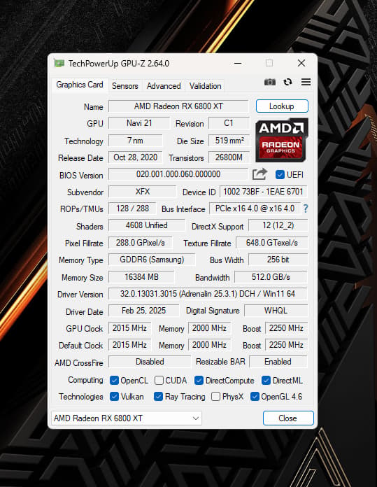 XFX Speedster MERC 319 AMD Radeon RX 6800 XT CORE Gaming 16GB GDDR6