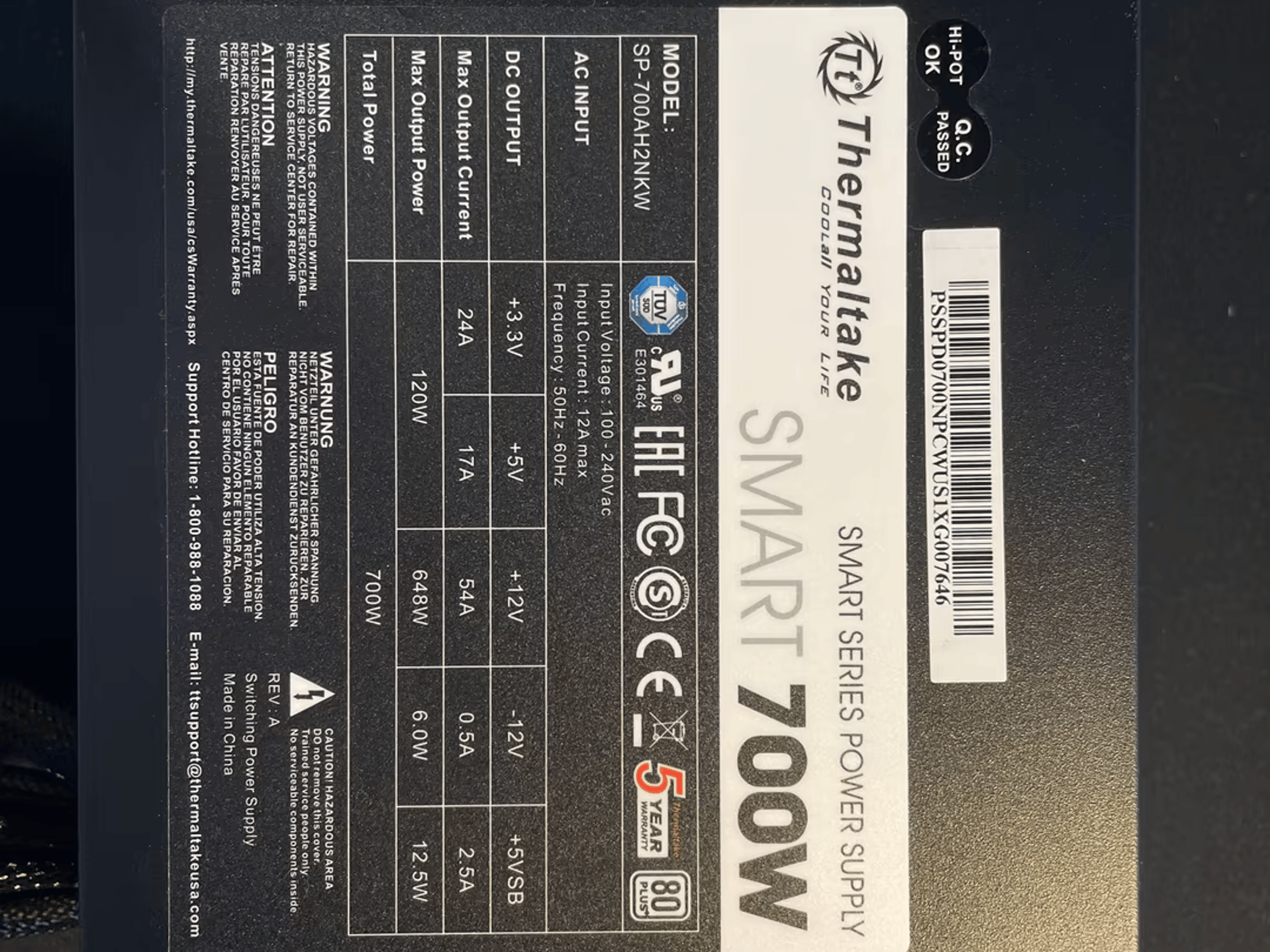 Thermaltake 700 W PSU 80+ Certified (ATX)