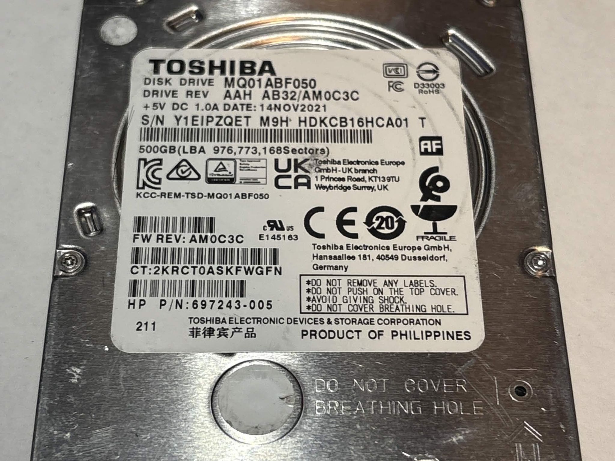 Toshiba 500GB SATA Laptop Hard Drive | Tested & Functional