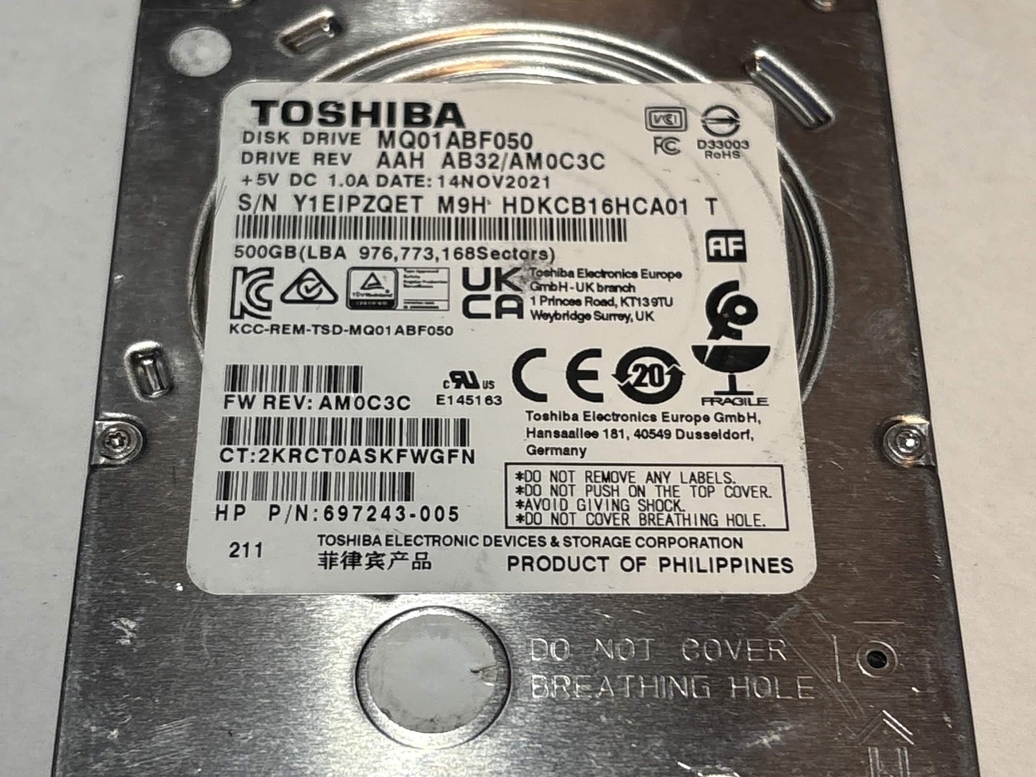 Toshiba 500GB SATA Laptop Hard Drive | Tested & Functional