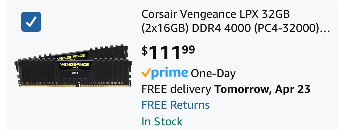 Corsair Vengeance 32GB (16GBx2) DDR4-4000MHz CL 18-22-22-42