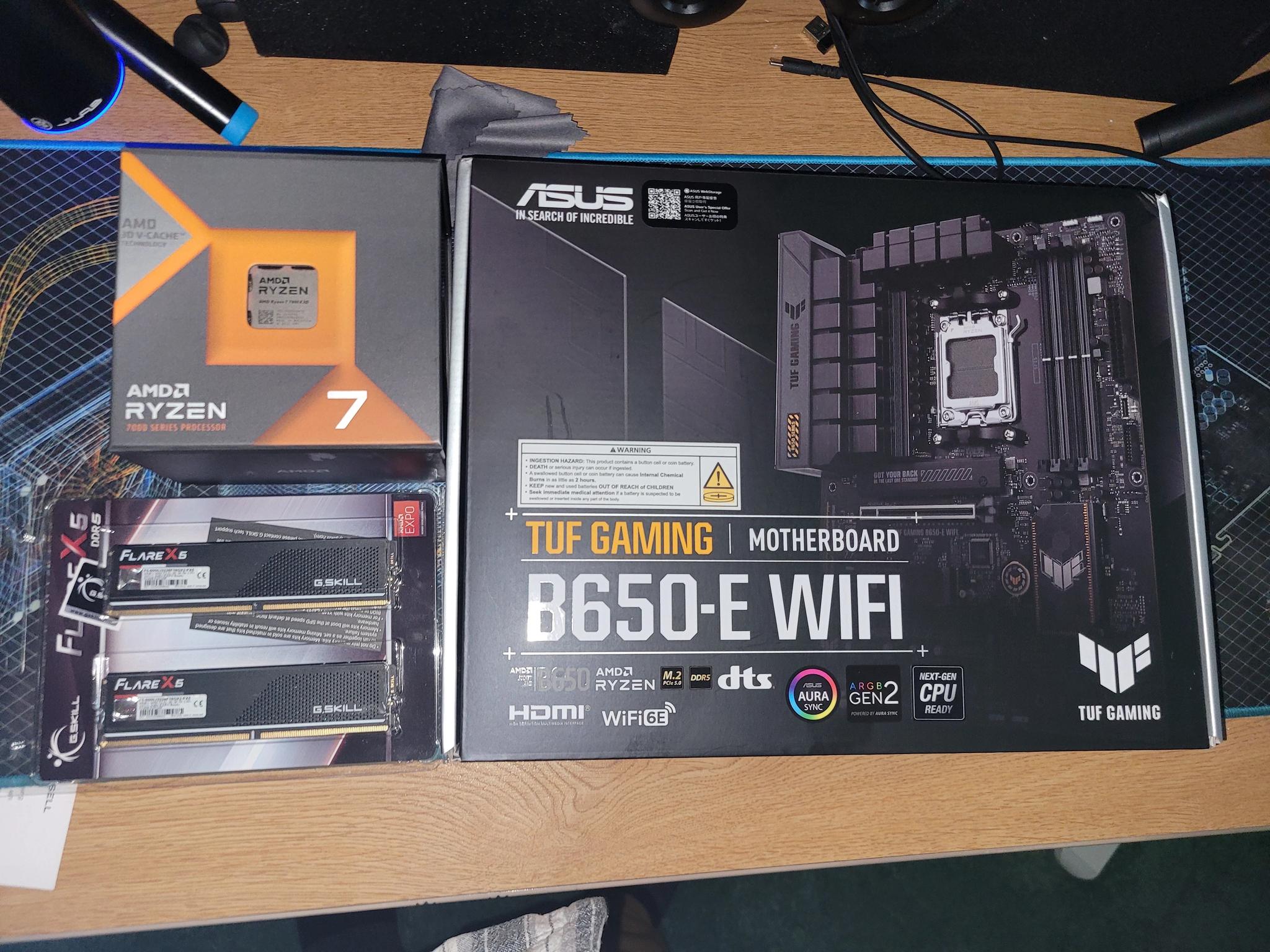 Like new 7800x3D, New Asus B650E Wifi, and New 32GB DDR5 6000 RAM.