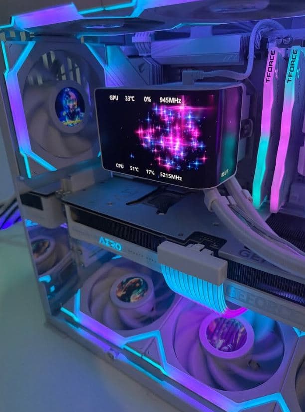 Gaming PC Nvidia RTX 5080, Ryzen 7 9800X3D, Lian Li 011 Mini V2 White, LCD Fans, 3D AIO, 2TB Gen5