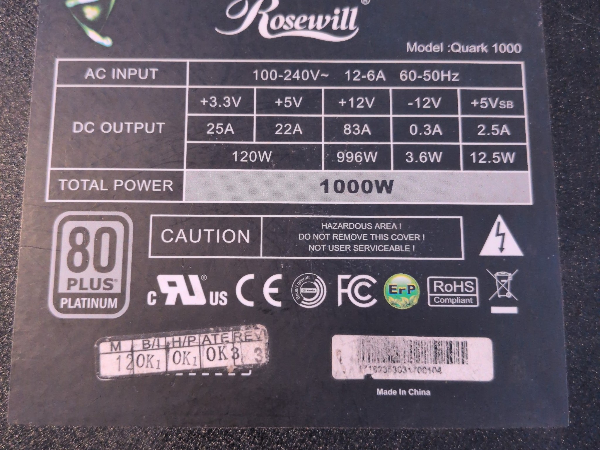 Rosewill Quark 1000W Platinum Modular PSU - Tested Working