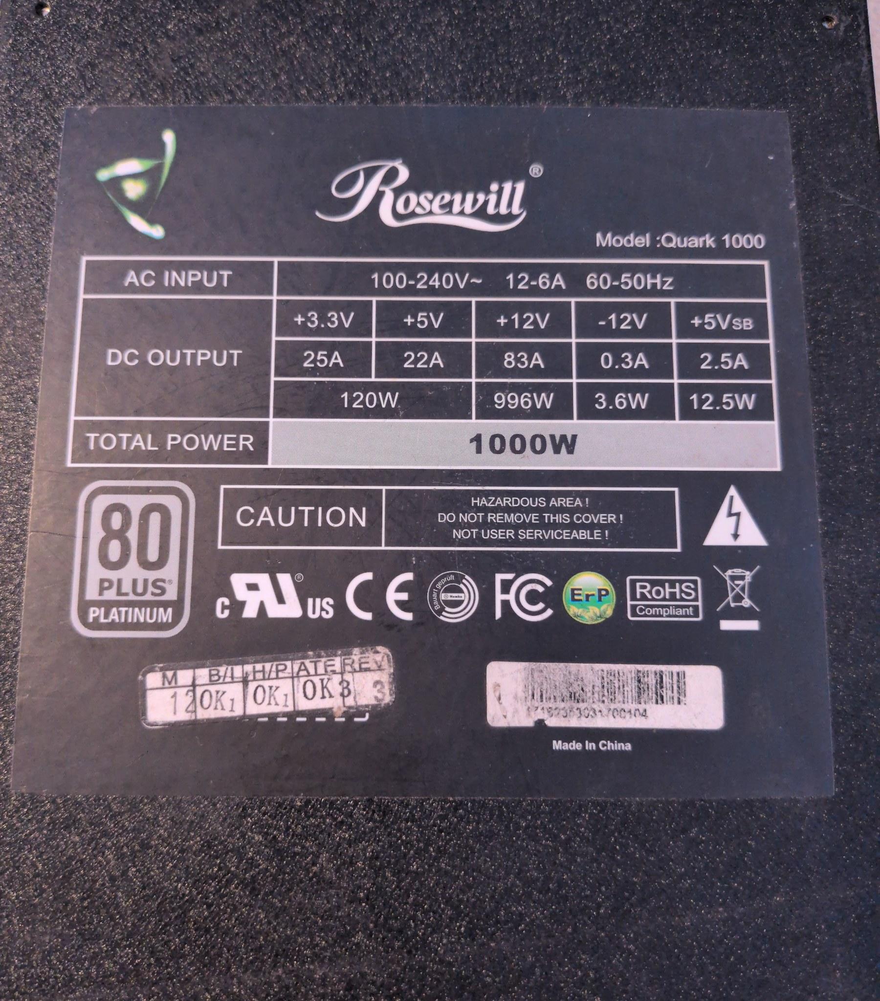 Rosewill Quark 1000W Platinum Modular PSU - Tested Working