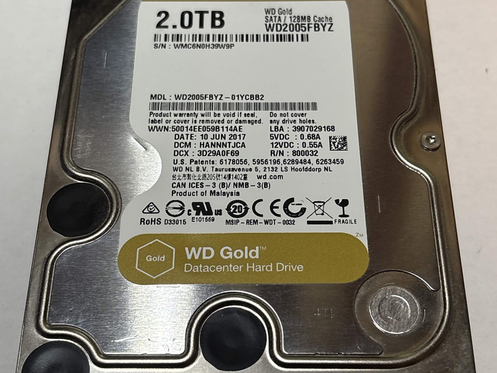 WD Gold 2TB WD2005FBYZ 7200RPM SATA Datacenter HDD – 9,876 Hours – Good SMART
