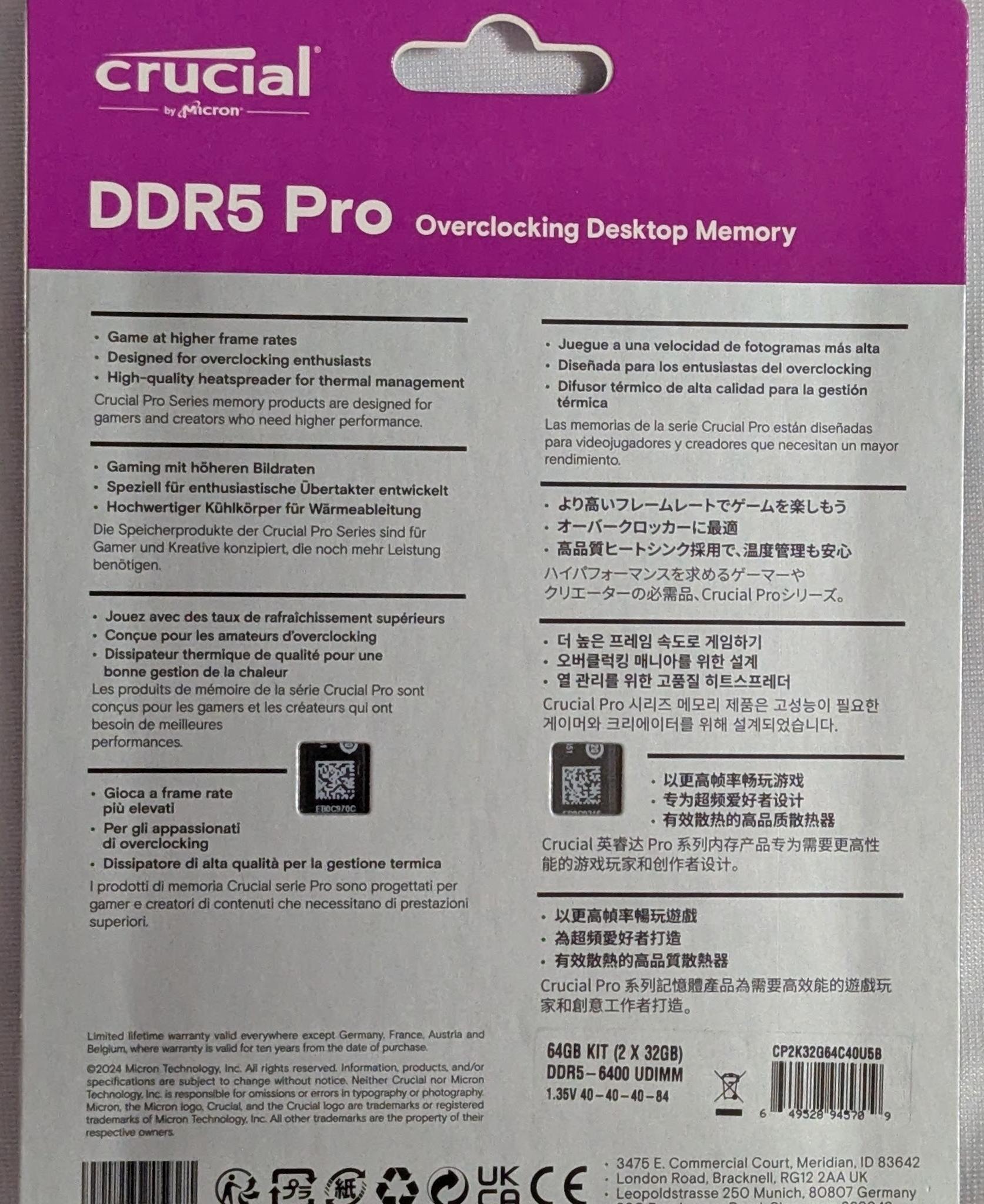Crucial Pro DDR5 RAM 64GB Kit (2x32GB) 6400MHz CL40 Overclocking Desktop RAM – Black CP2K32G64C40U5B