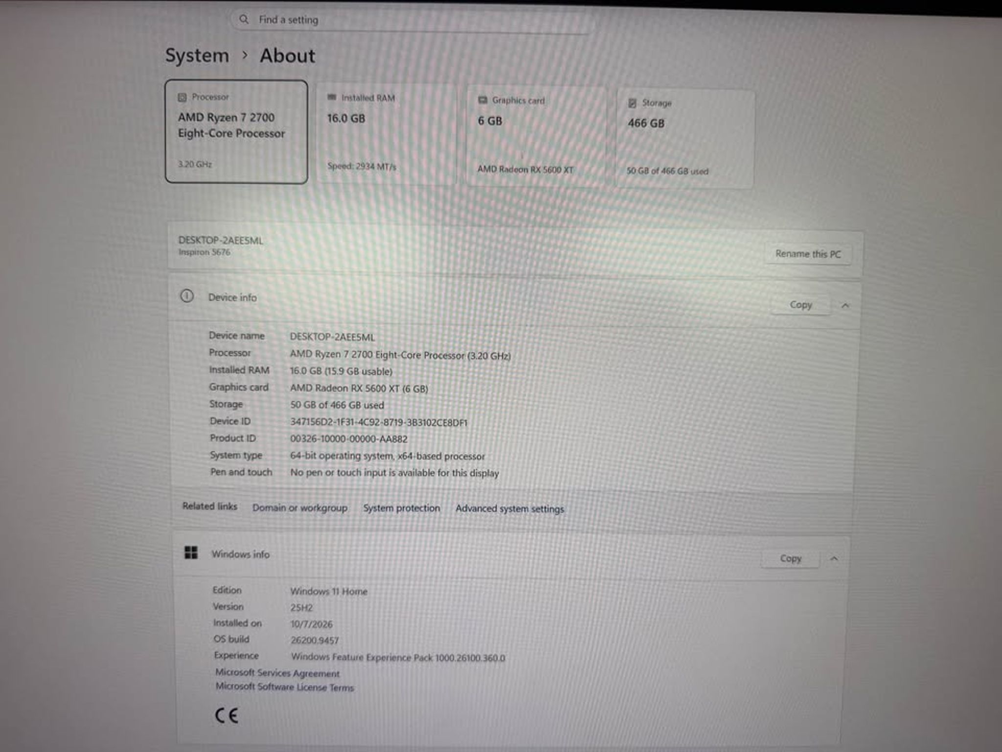 Gaming PC: Ryzen 7 2700, 16GB DDR4 RAM, 500GB NVME SSD, RX 5600 XT 6GB, DELL INSPIRON 5676