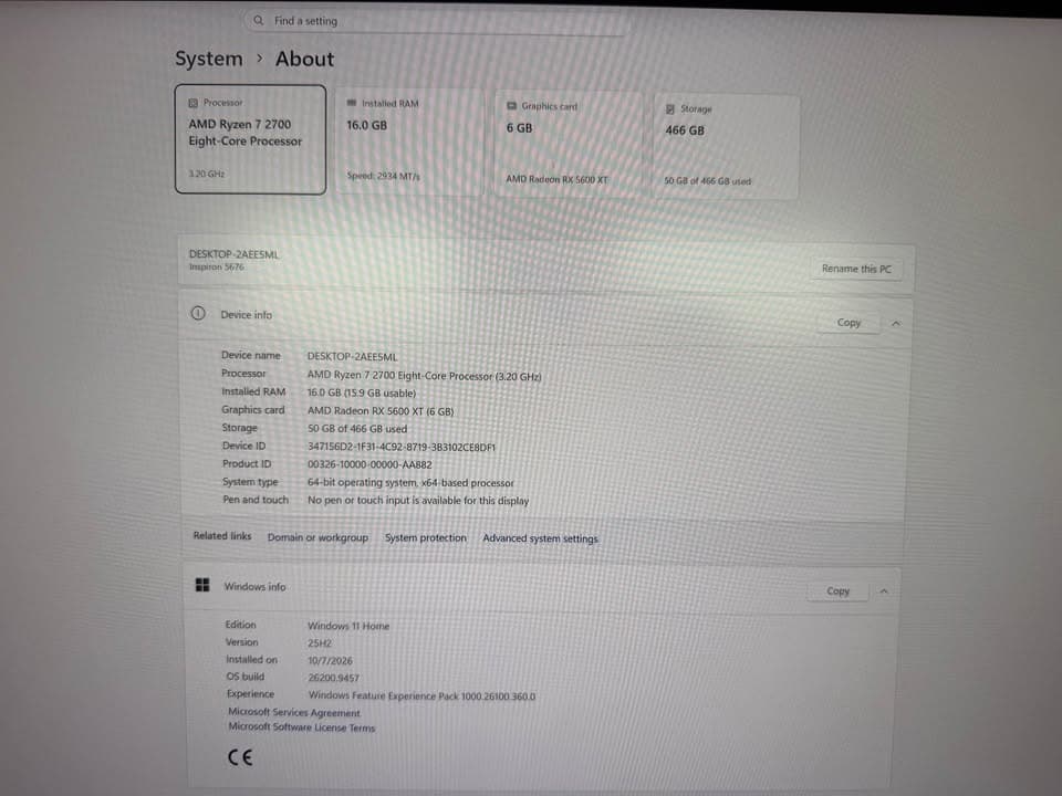 Gaming PC: Ryzen 7 2700, 16GB DDR4 RAM, 500GB NVME SSD, RX 5600 XT 6GB, DELL INSPIRON 5676