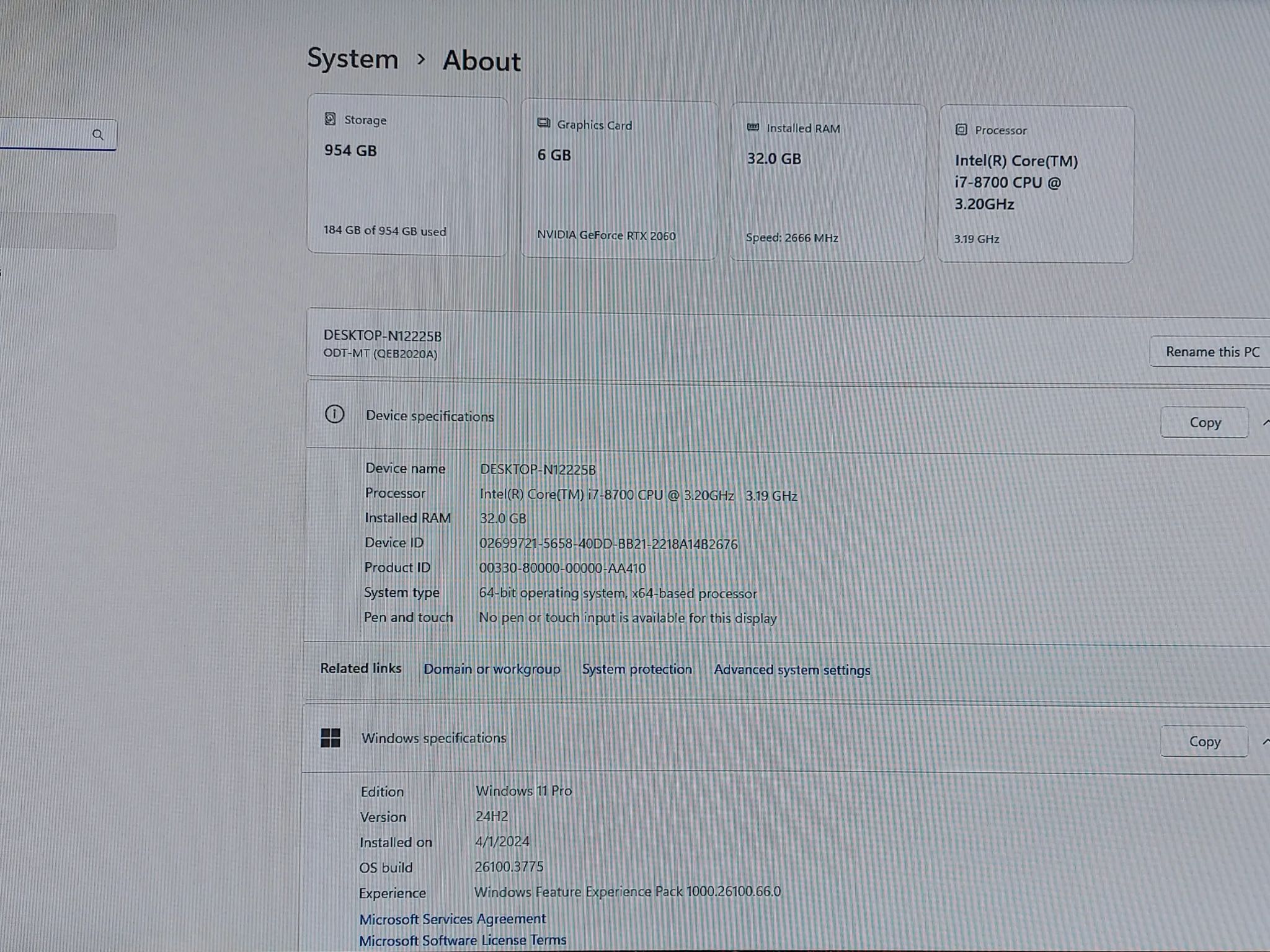 i7-8700, RTX 2060 6GB DDR6, 32GB RAM, 1TB NVME, Windows 11 Pro gaming desktop