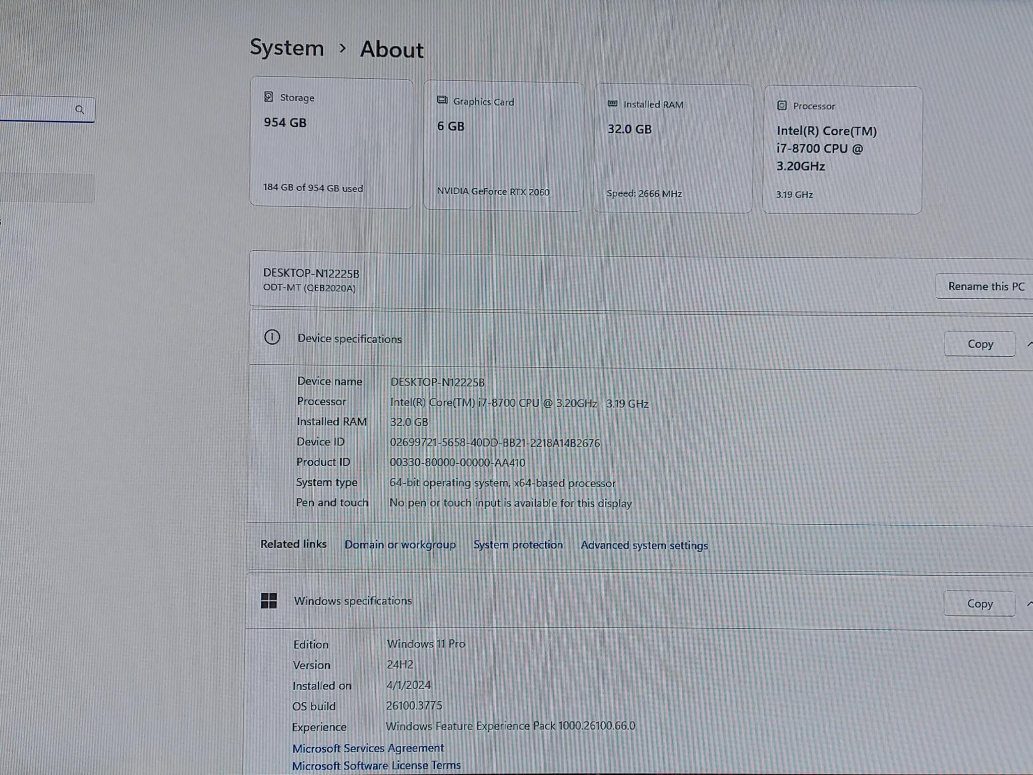 i7-8700, RTX 2060 6GB DDR6, 32GB RAM, 1TB NVME, Windows 11 Pro gaming desktop