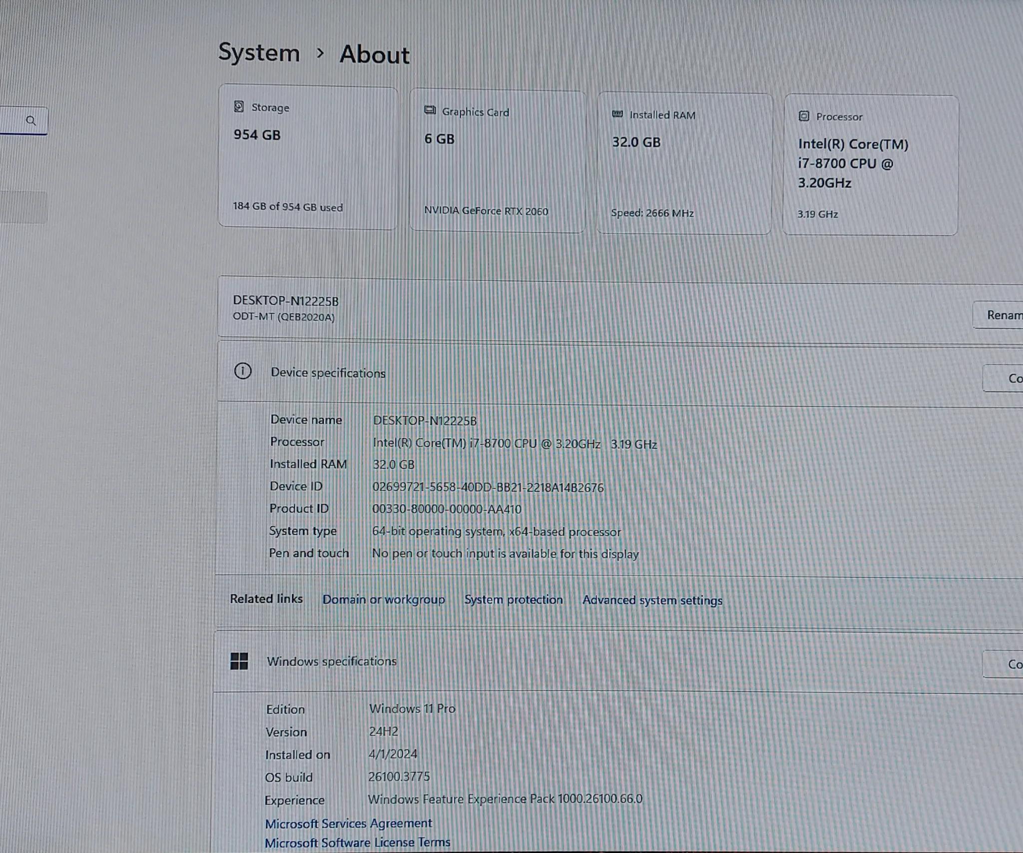 i7-8700, RTX 2060 6GB DDR6, 32GB RAM, 1TB NVME, Windows 11 Pro gaming desktop
