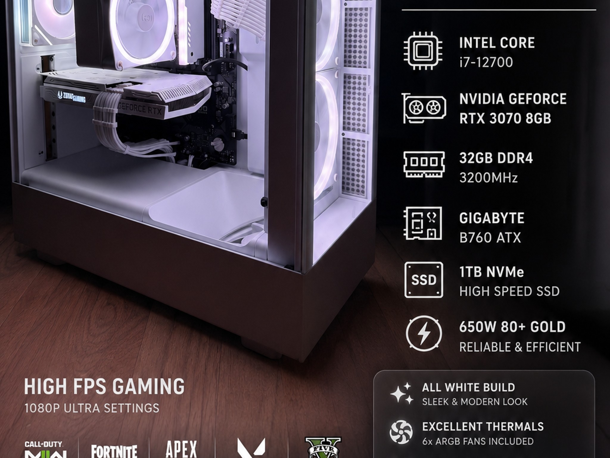 ❄️WHITE RTX 3070 GAMING PC | i7-12700 | 32GB RAM | 1TB SSD❄️