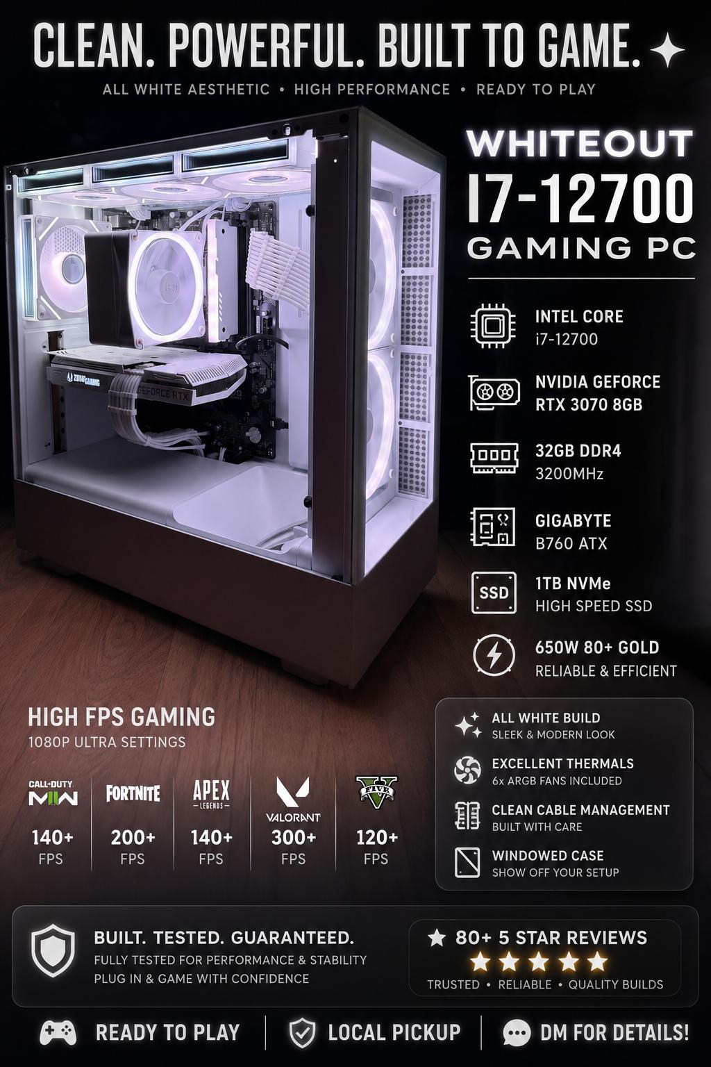 ❄️WHITE RTX 3070 GAMING PC | i7-12700 | 32GB RAM | 1TB SSD❄️