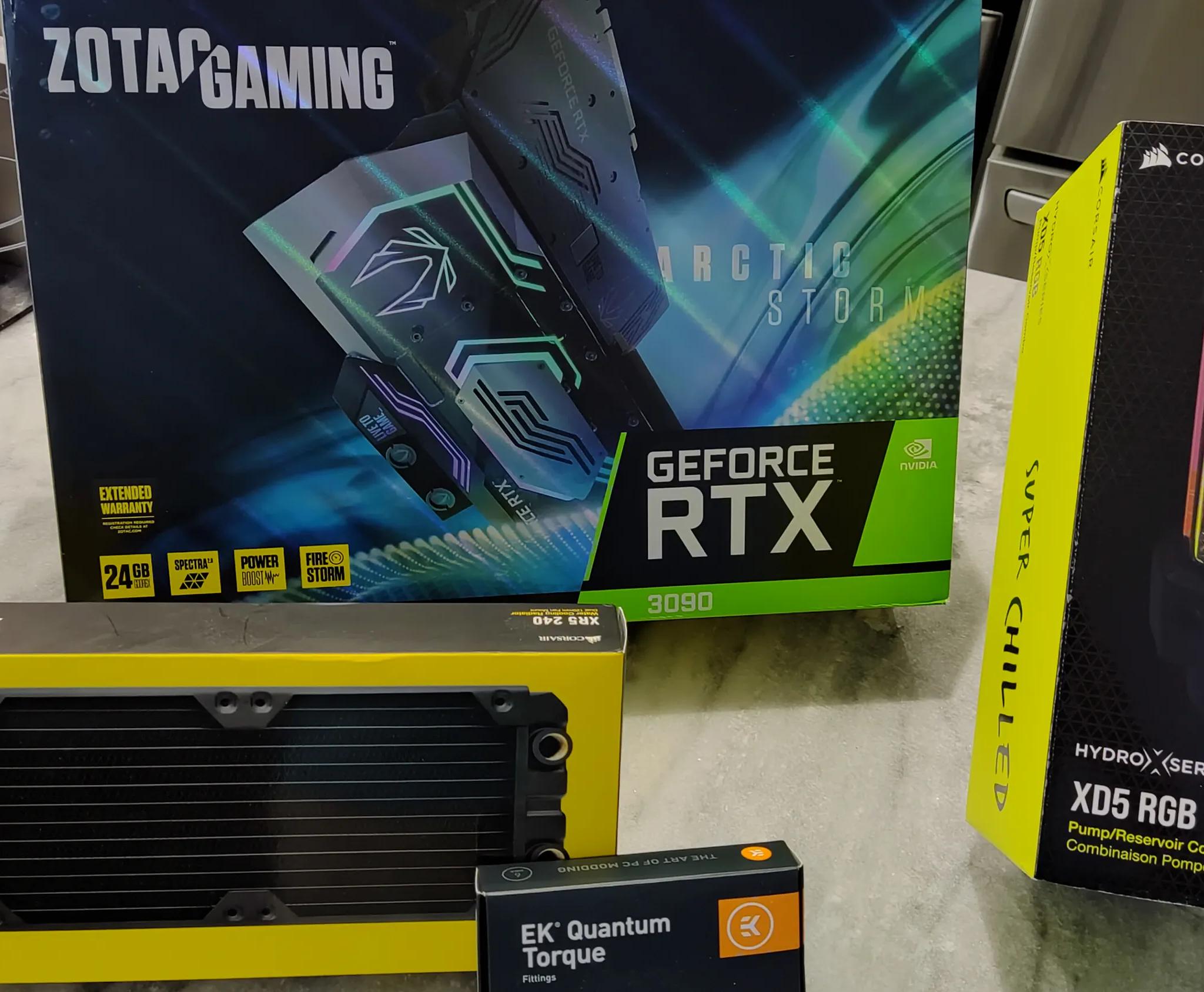 Zotac Articstorm RTX3090, Corsair XR5 240 Radiator, Corsair XD5 RGB Pump, EK Quantum 6 pack 10/13mm
