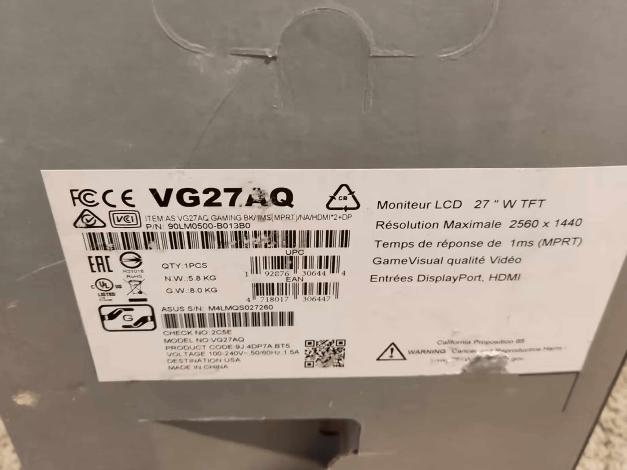 Asus VG27AQ 27" 1440p 165hz HDR10 G-Sync Compatible Monitor