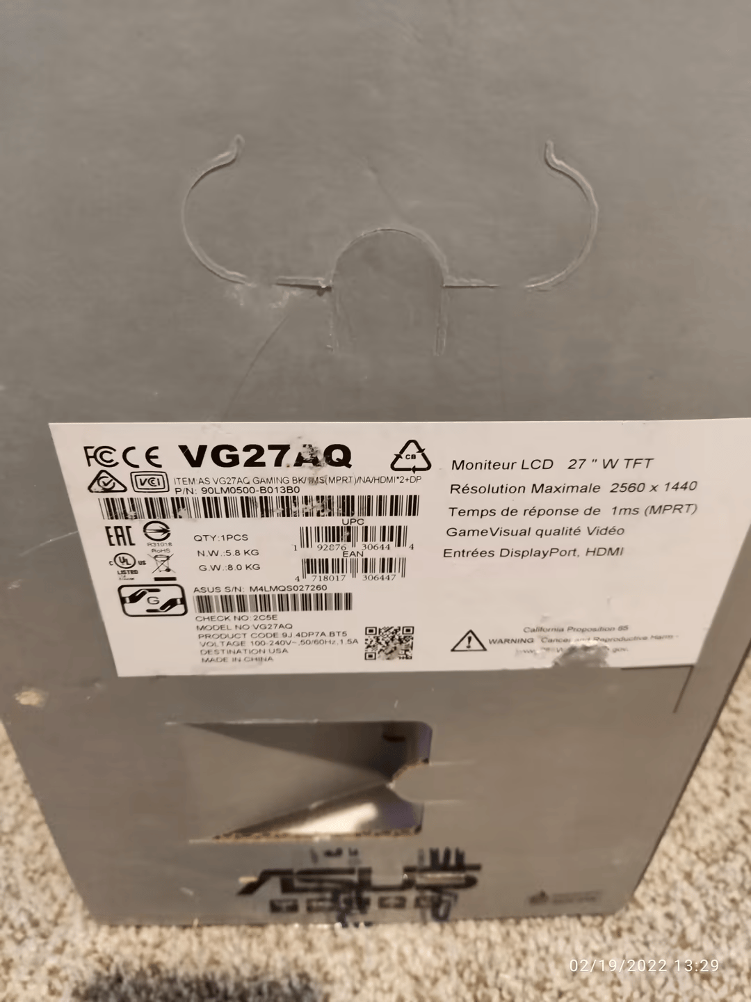 Asus VG27AQ 27" 1440p 165hz HDR10 G-Sync Compatible Monitor