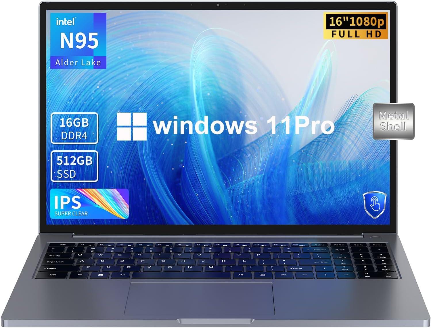 16 inch Laptop, 16GB DDR4 512GB SSD, Intel Quad-Core N95 Processor (up to 3.4Ghz) Windows 11 Pro