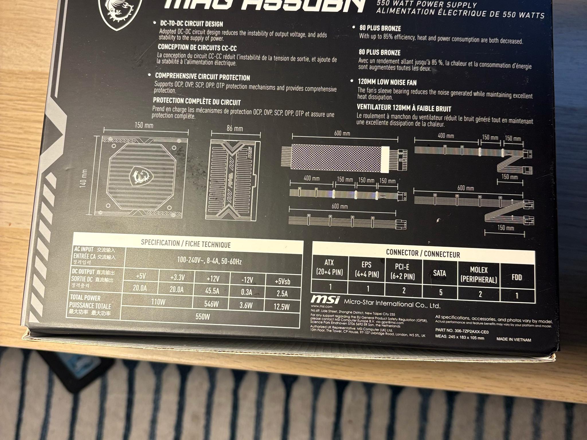 USED - MSI MAG A550BN Non-Module 80+ Certified PSU - LIKE NEW