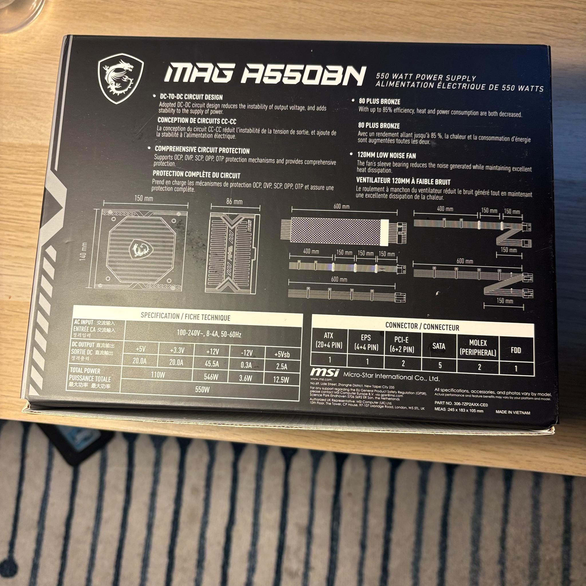 USED - MSI MAG A550BN Non-Module 80+ Certified PSU - LIKE NEW