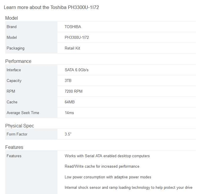 NEW TOSHIBA 3TB 7200 RPM 64MB Cache SATA 6.0Gb/s 3.5" Internal Hard Drive -Retail Kit PH3300U-1I72