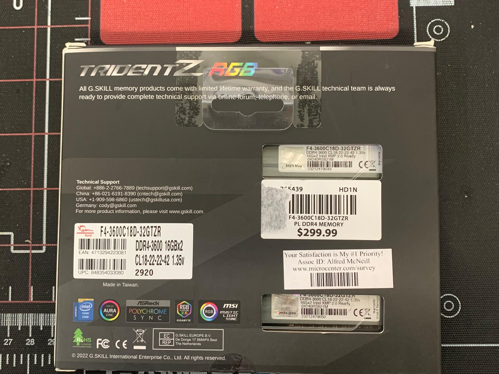 32GB DDR4 3600 CL18 - GSKILL Trident Z RGB