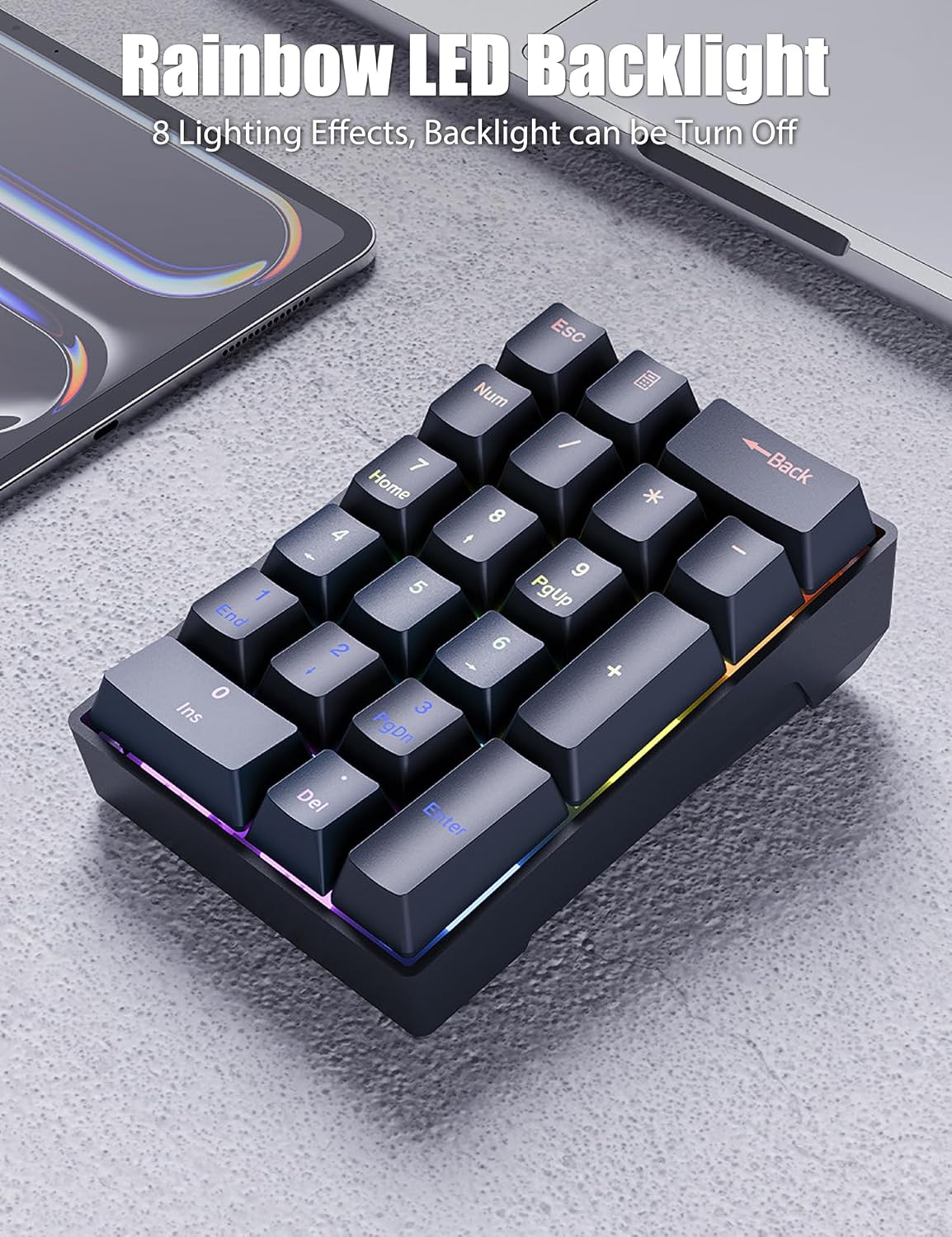 DAGK Wired Mechanical Number Pad Rainbow LED Backlit 20-Key Number Pad- Black