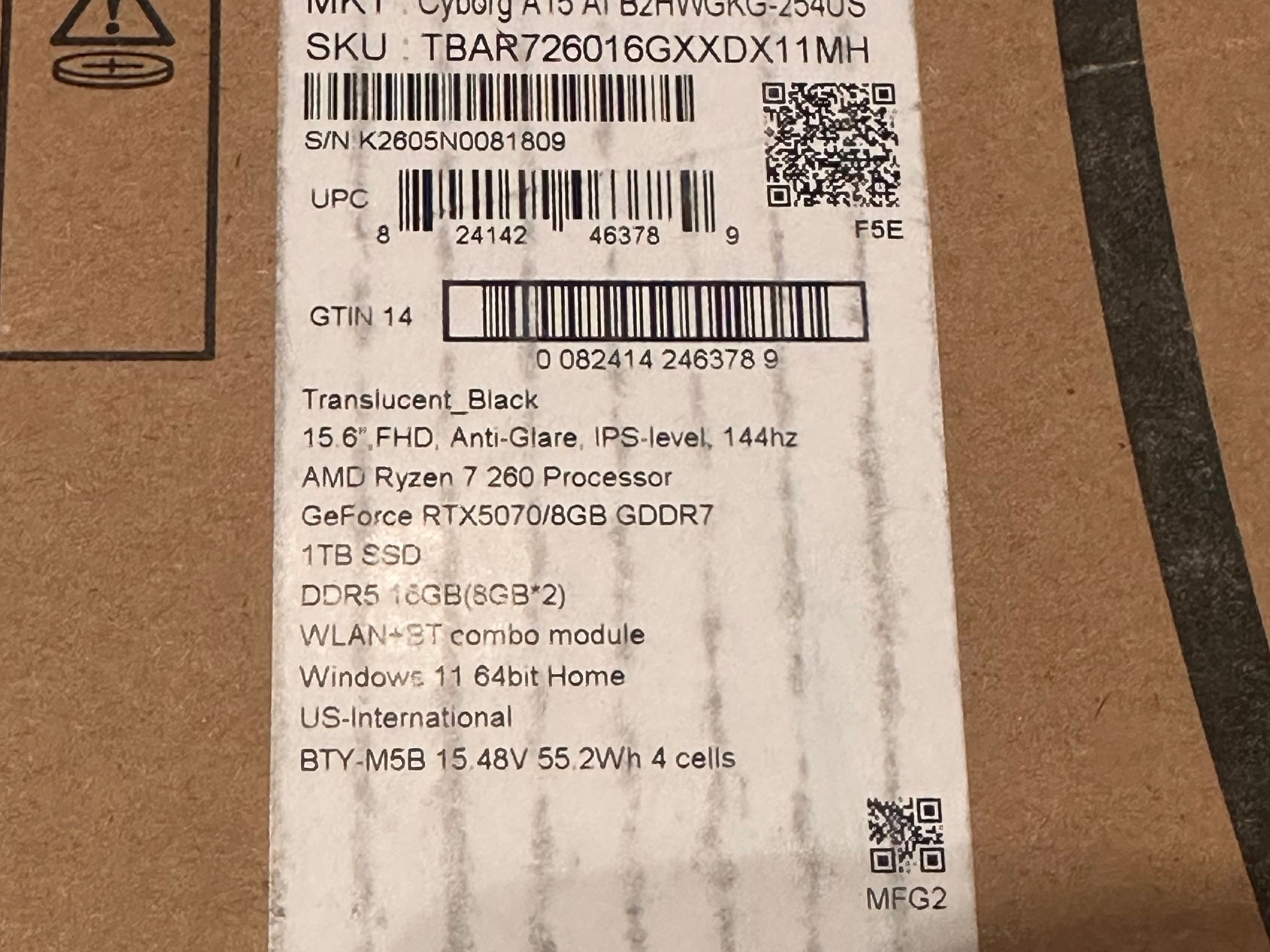 MSI Cyborg 15.6" 144Hz Gaming Laptop - NVIDIA GeForce RTX 5070, AMD Ryzen 7 260, 16GB RAM, 1TB SSD