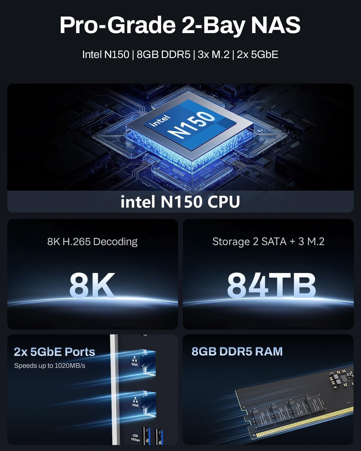 TERRAMASTER F2-425 Plus NAS Storage - 2Bay Intel N150 Quad-Core CPU, 8GB RAM DDR5, 5GbE LAN x 2