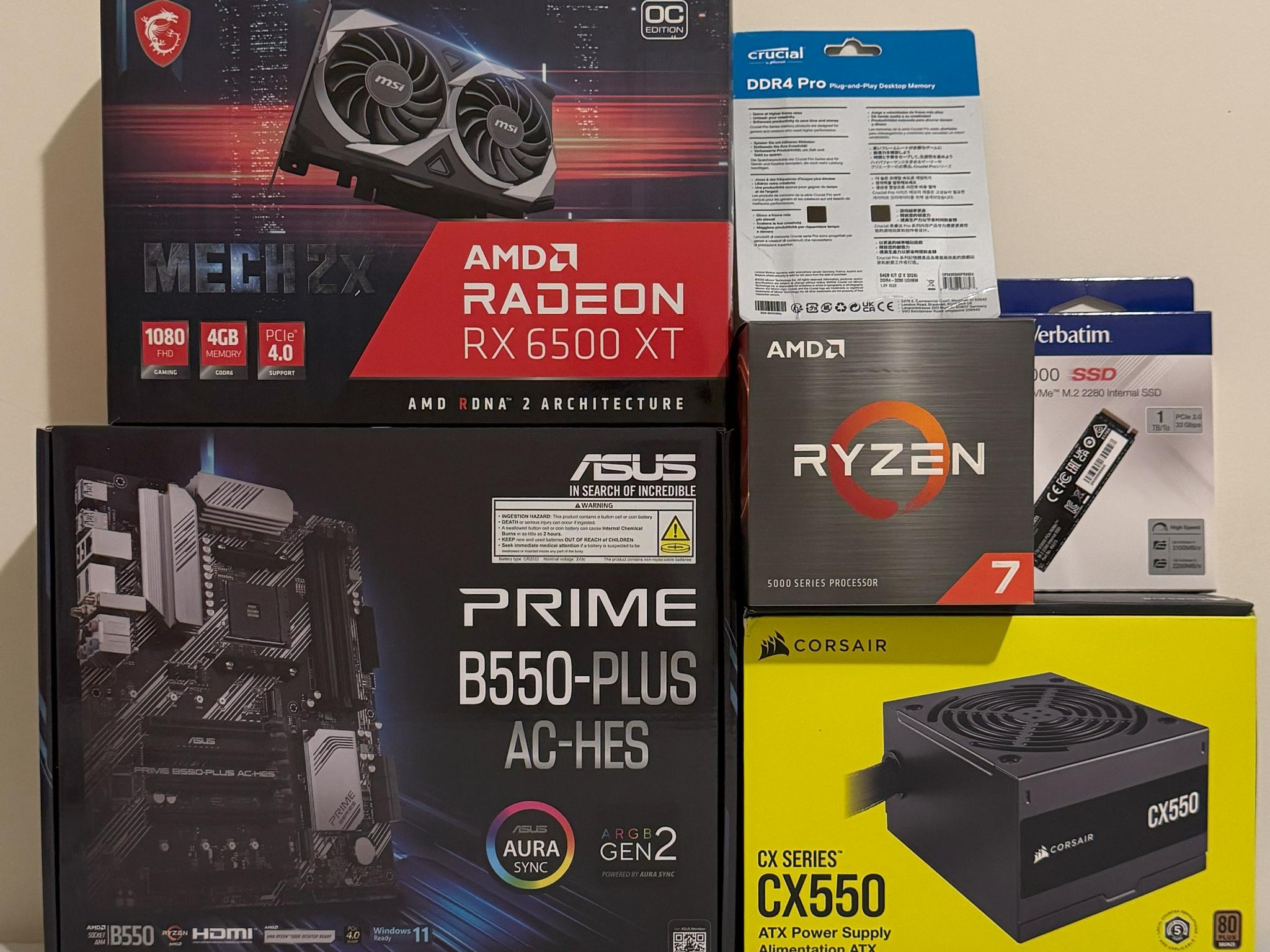 AMD Ryzen 7 5800XT 64GB DDR4 Gaming PC Radeon RX 6500 XT ASUS Prime B550-PLUS 1TB SSD Corsair 550W