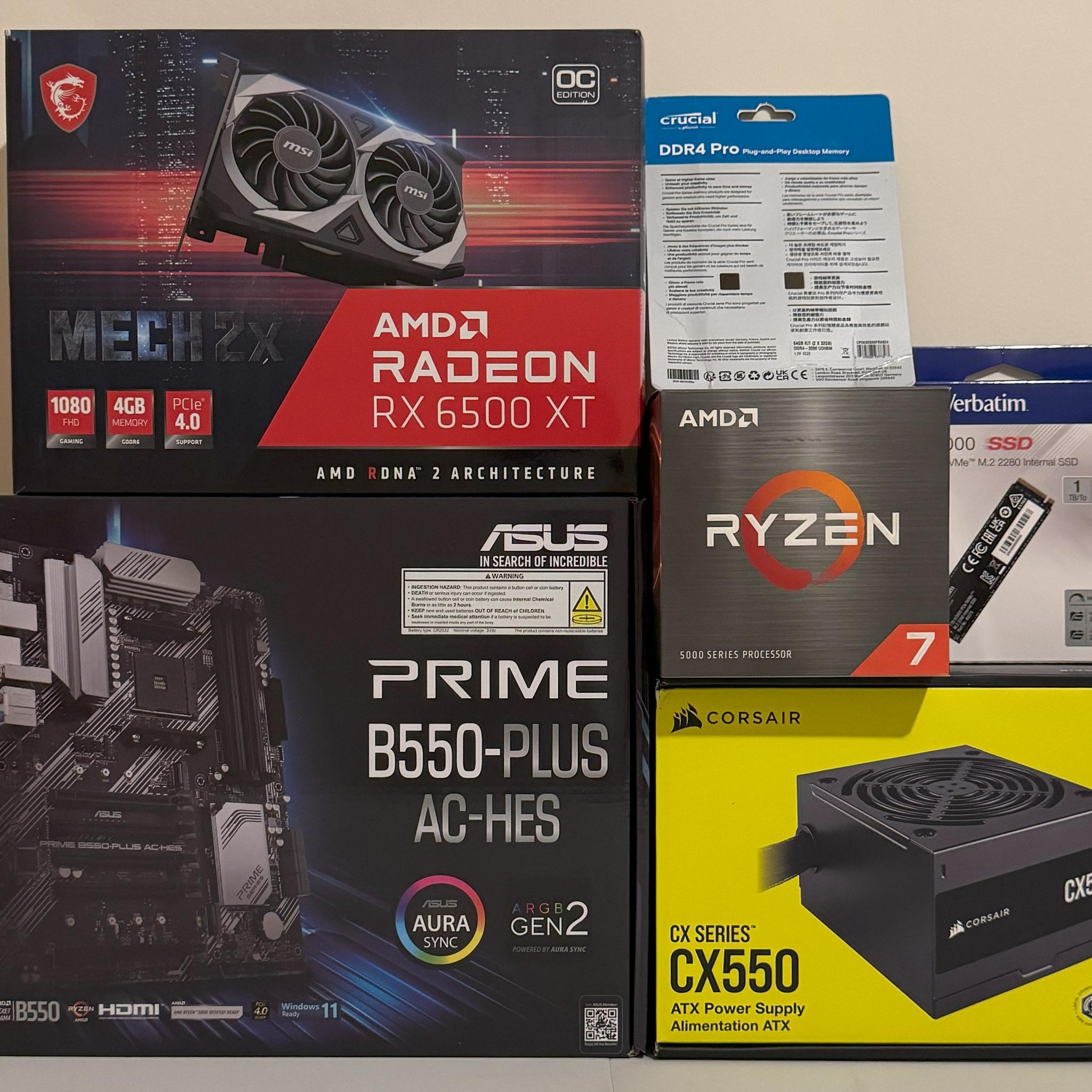AMD Ryzen 7 5800XT 64GB DDR4 Gaming PC Radeon RX 6500 XT ASUS Prime B550-PLUS 1TB SSD Corsair 550W