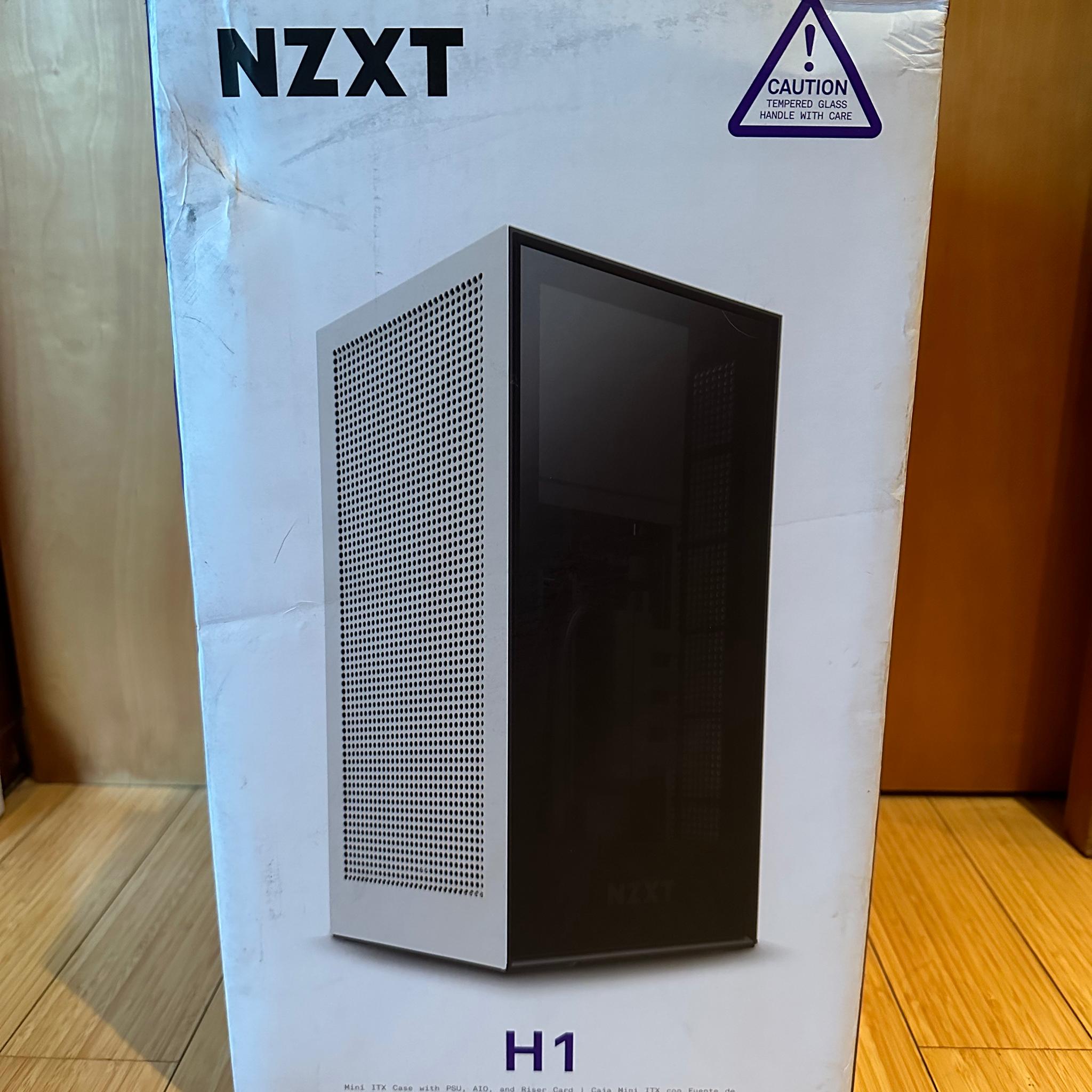 White NZXT H1 Mini ITX Case with PSU, AIO, and Riser Card (Lightly Used, In Box, Riser NOT upgraded)