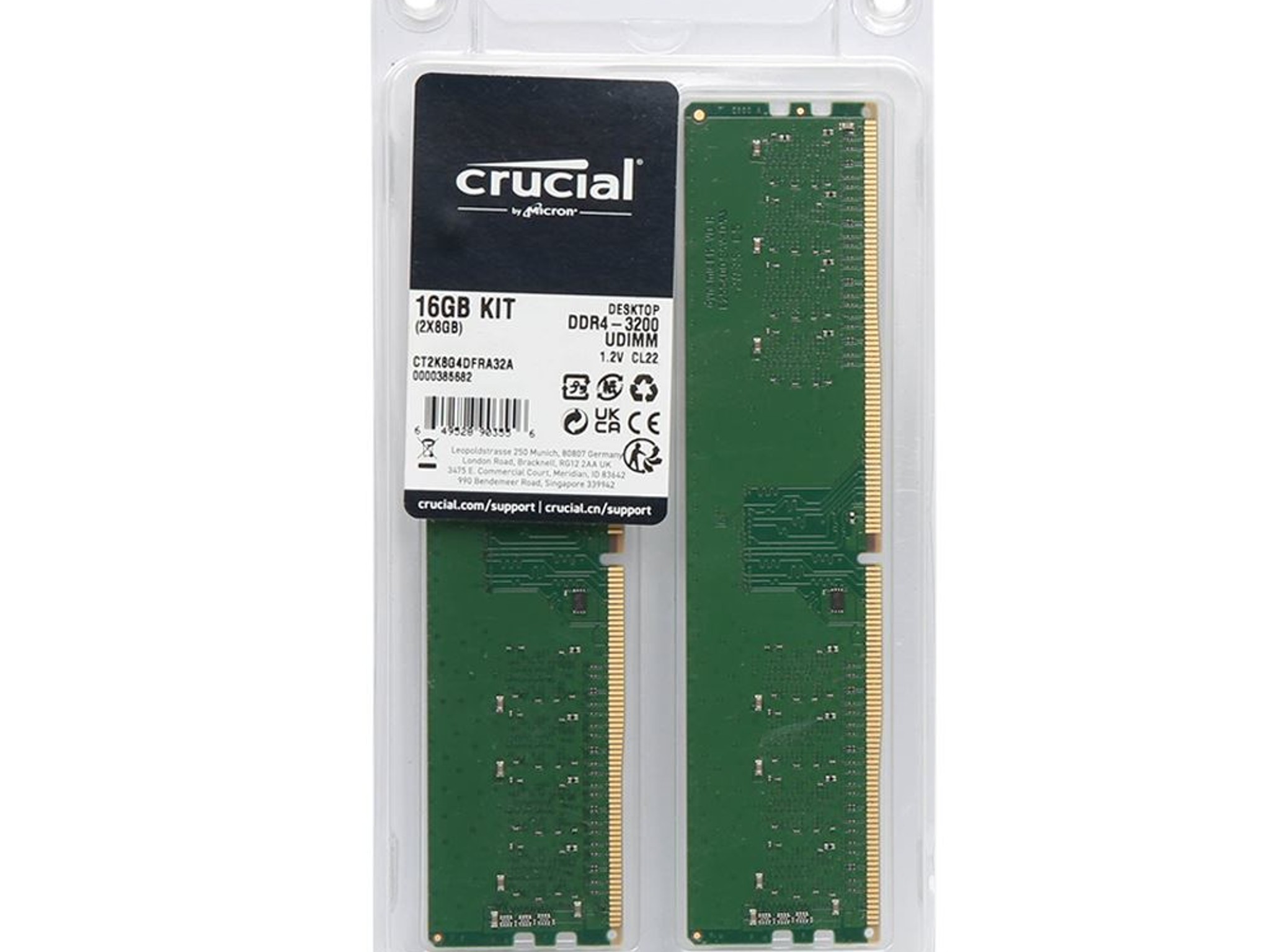 Crucial 16GB (2 x 8GB) DDR4-3200 PC4-25600 CL22 Dual Channel Desktop Memory Kit CT2K8G4DFRA32A Green