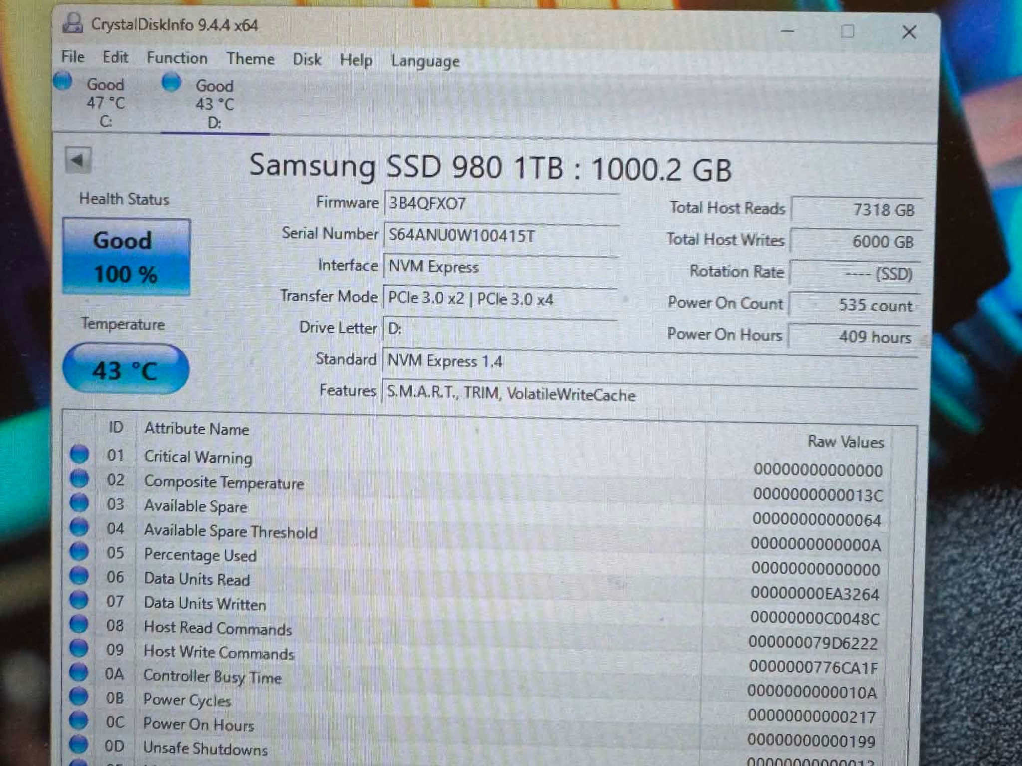 Samsung 980 1TB NVMe M.2 2280 PCIe Gen3 SSD MZ-V8V1T0 (Low hours & great health)