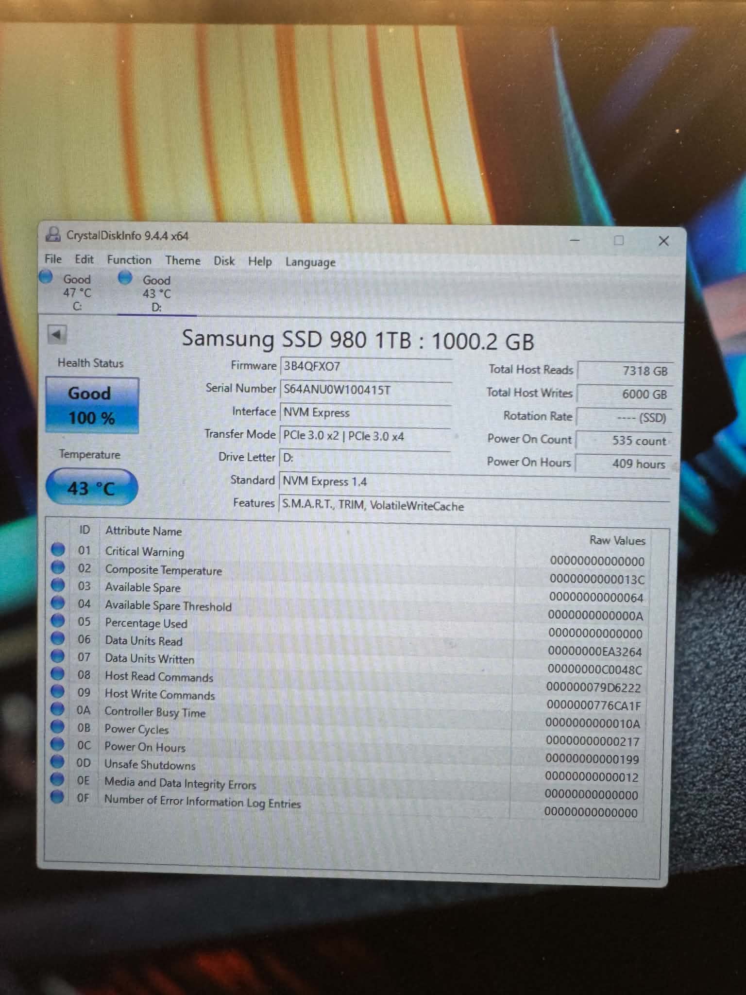 Samsung 980 1TB NVMe M.2 2280 PCIe Gen3 SSD MZ-V8V1T0 (Low hours & great health)
