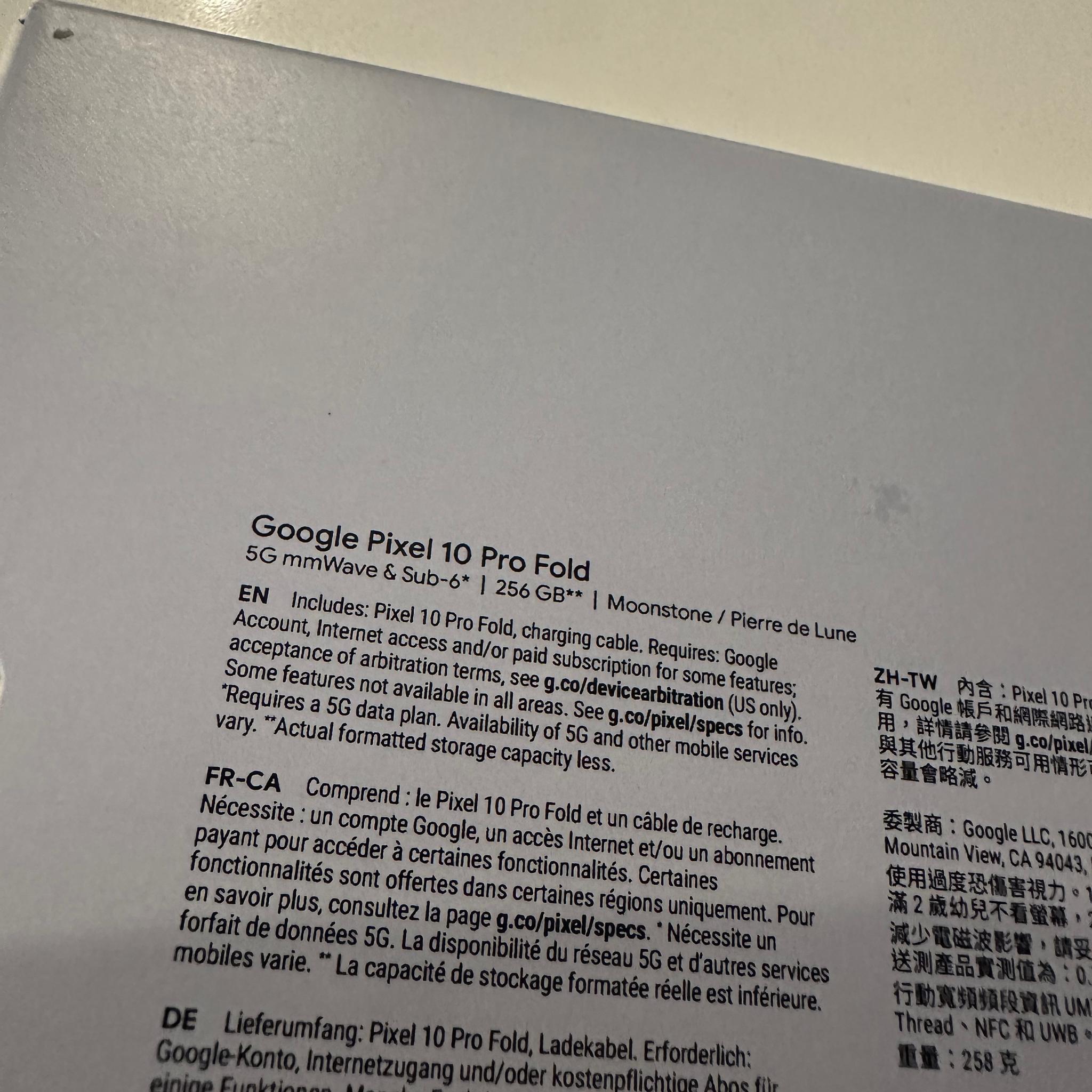 Unlocked Google Pixel 10 Pro Fold 256gb moonstone