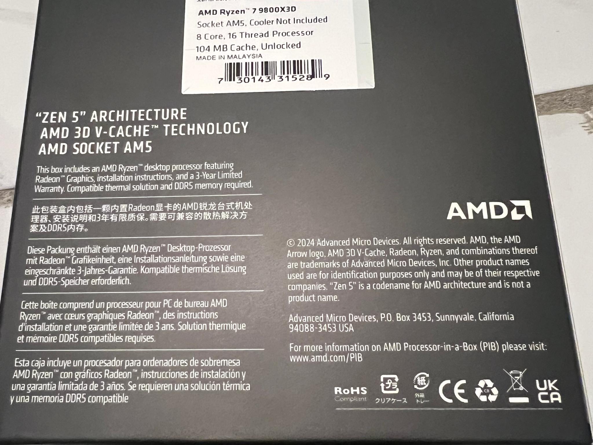NEW AMD Ryzen 7 9800X3D Granite Ridge AM5 4.70GHz 8-Core Boxed Processor