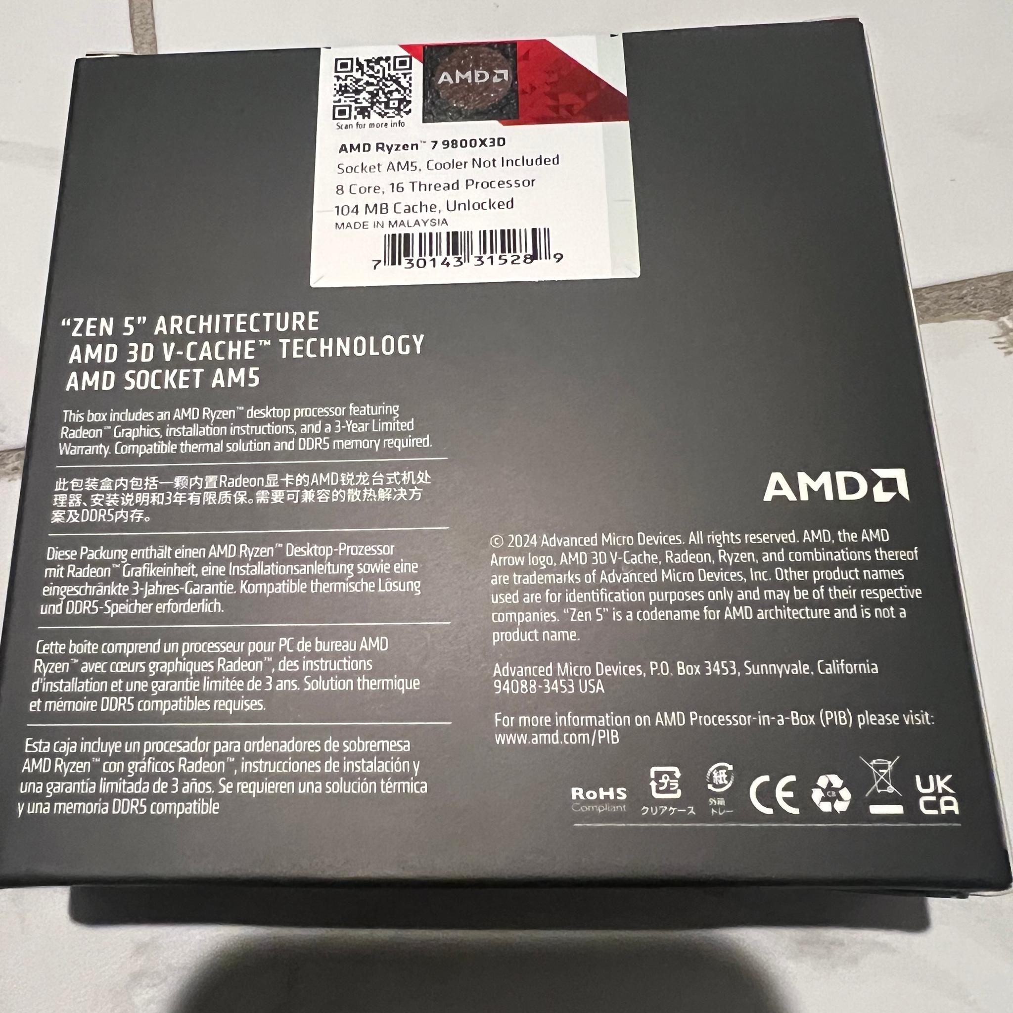 NEW AMD Ryzen 7 9800X3D Granite Ridge AM5 4.70GHz 8-Core Boxed Processor