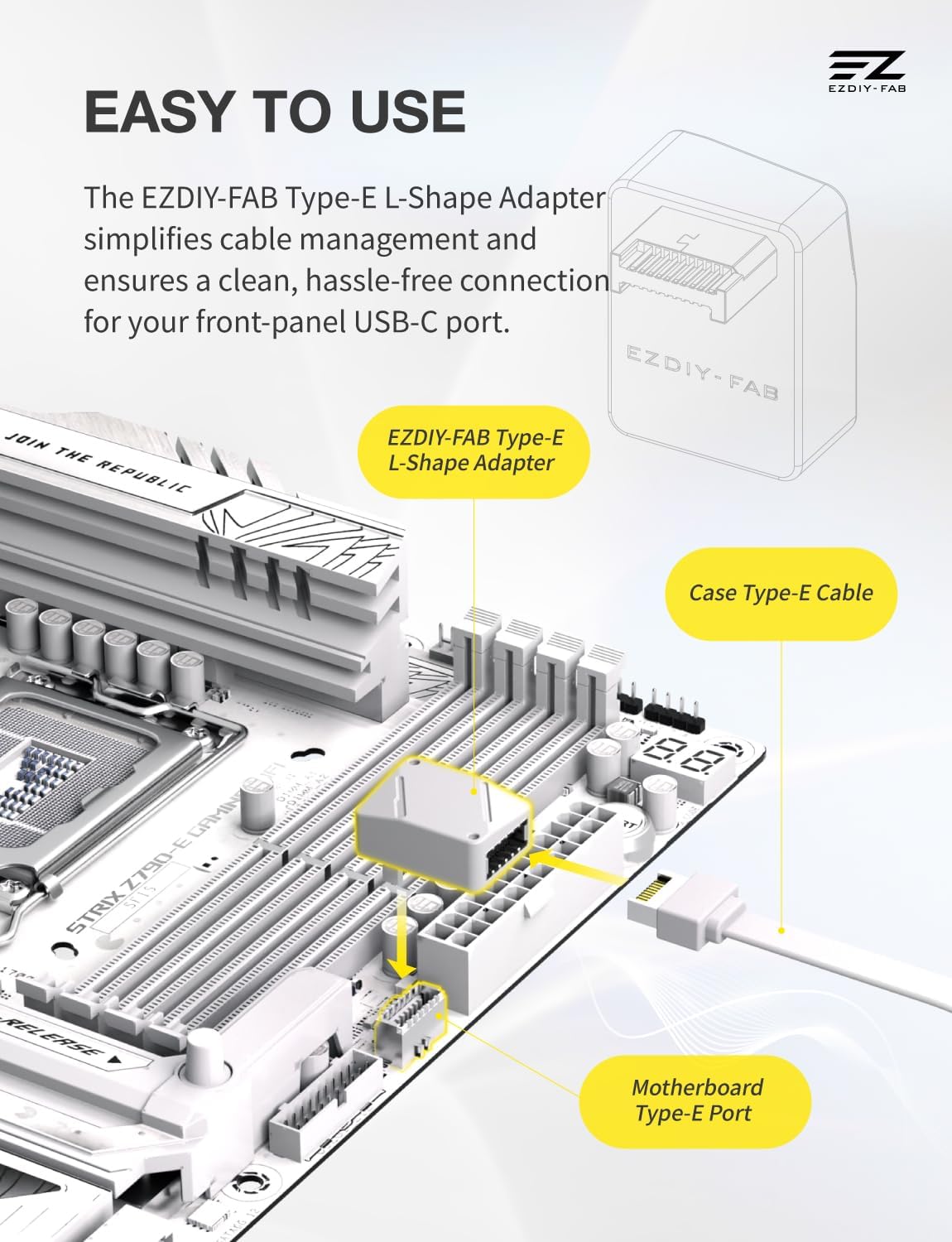 EZDIY-FAB USB 3.2 Gen 2 Type-E 90 Degree L-Shape Adapter White STD Motherboard USB-C Header
