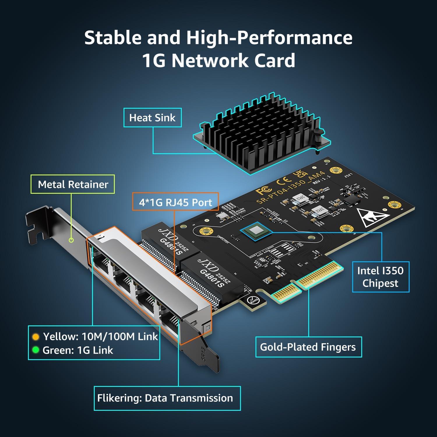 4 Port Gigabit Base-T Network Card Intel I350 Controller NICGIGA 4 Port 1G PCIe Ethernet Adapter NIC