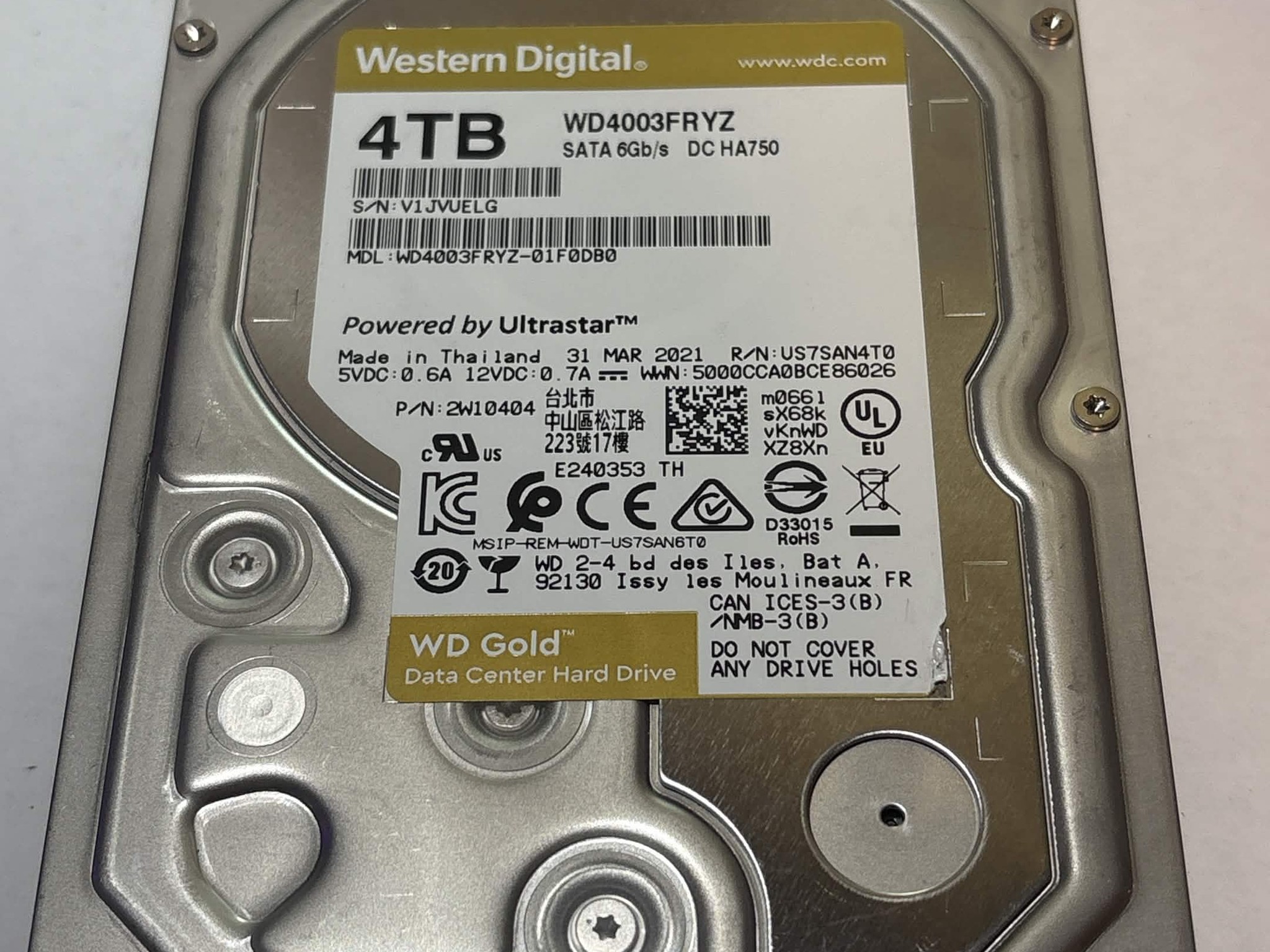 WD Gold 4TB WD4003FRYZ 7200RPM SATA Datacenter HDD – 30,250 Hours – SMART Good